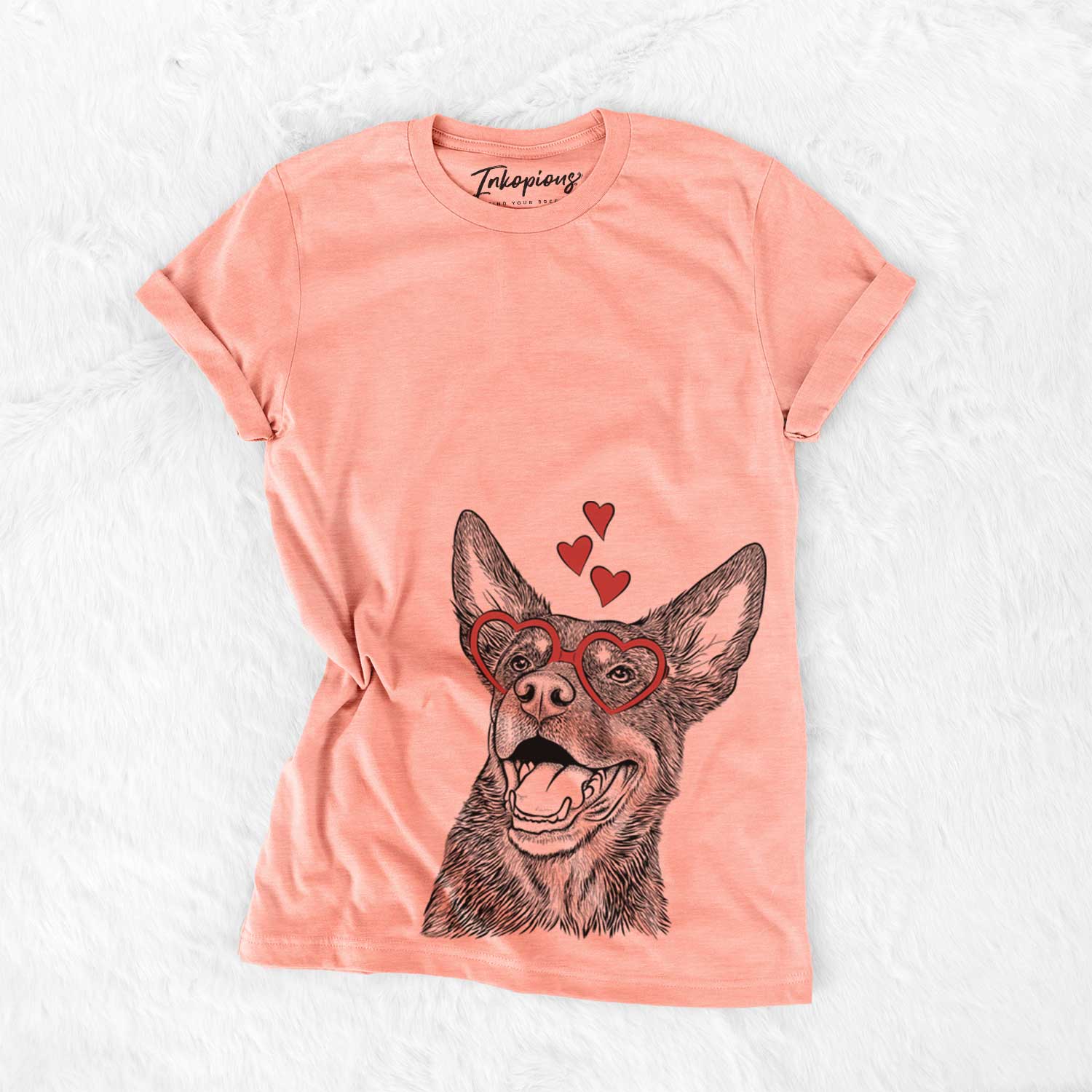 Hand-drawn sketch of Tucker the Australian Kelpie wearing heart-shaped glasses on a Sunset Bella Canvas Unisex Crewneck