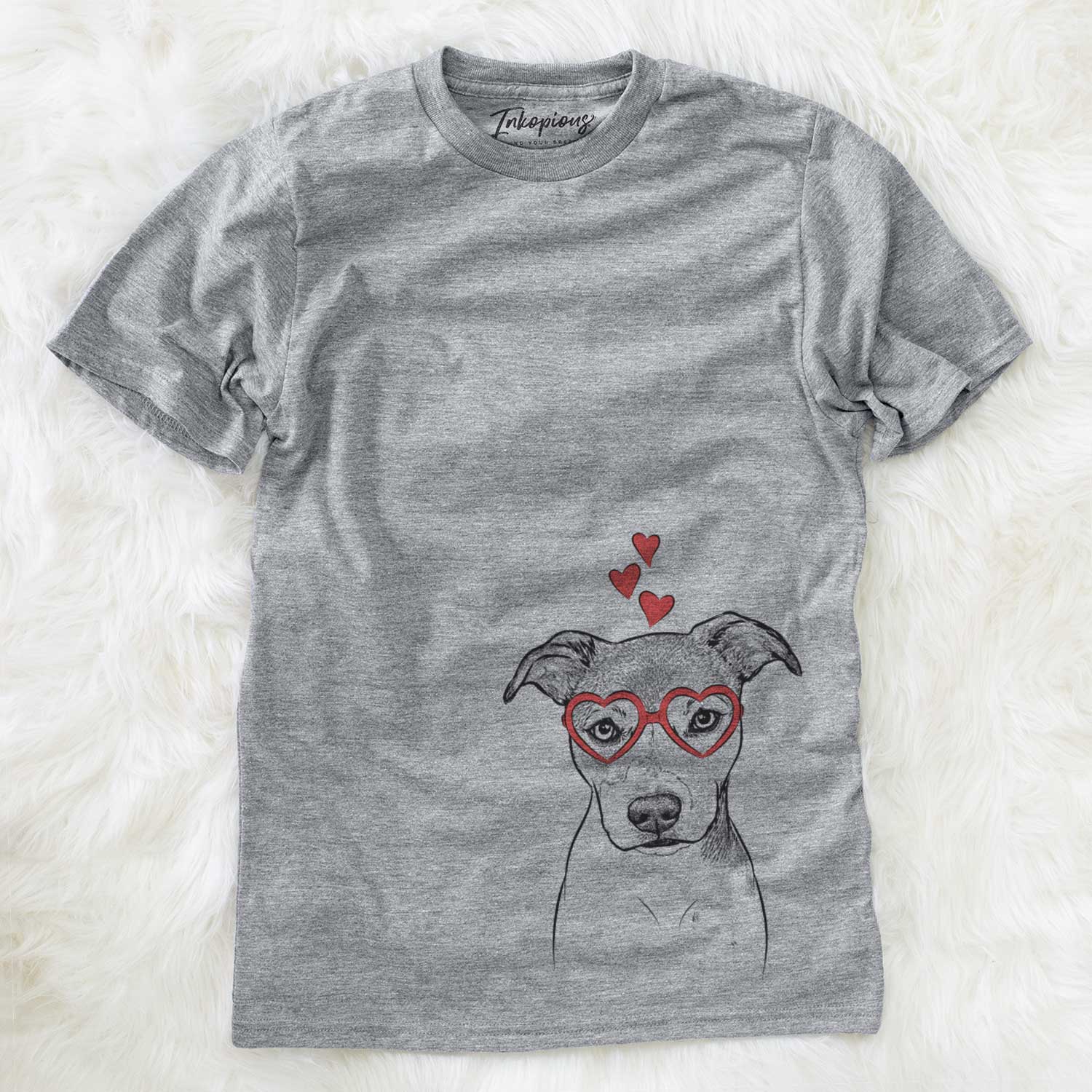 Hand-drawn sketch of Tula the American Staffordshire Terrier Heeler Mix wearing heart-shaped glasses on a Grey Unisex crewneck