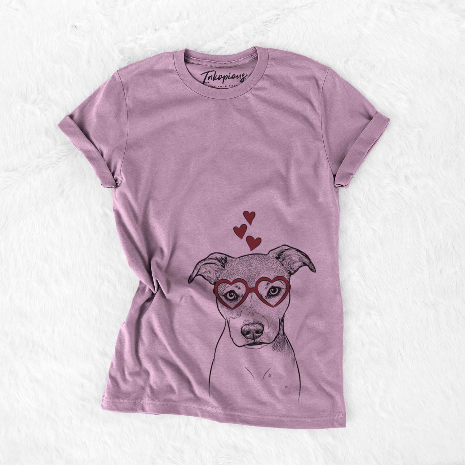 Hand-drawn sketch of Tula the American Staffordshire Terrier Heeler Mix wearing heart-shaped glasses on an Orchid Bella Canvas Unisex Crewneck