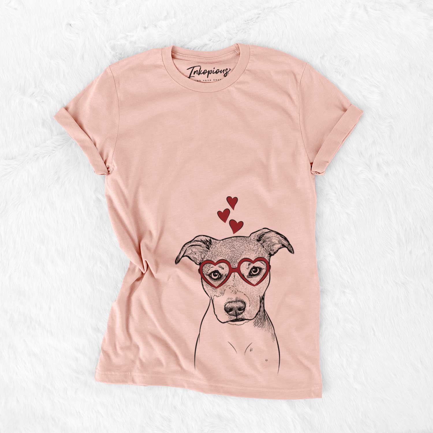 Hand-drawn sketch of Tula the American Staffordshire Terrier Heeler Mix wearing heart-shaped glasses on a Peach Bella Canvas Unisex Crewneck