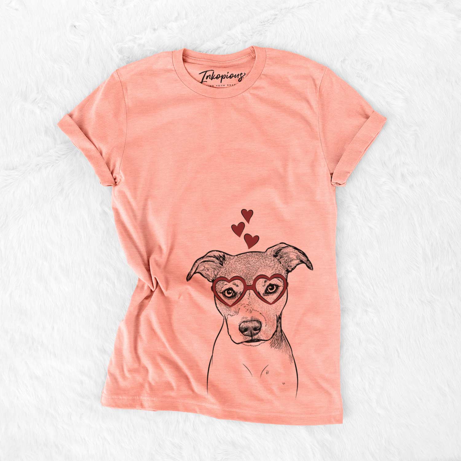Hand-drawn sketch of Tula the American Staffordshire Terrier Heeler Mix wearing heart-shaped glasses on a Sunset Bella Canvas Unisex Crewneck