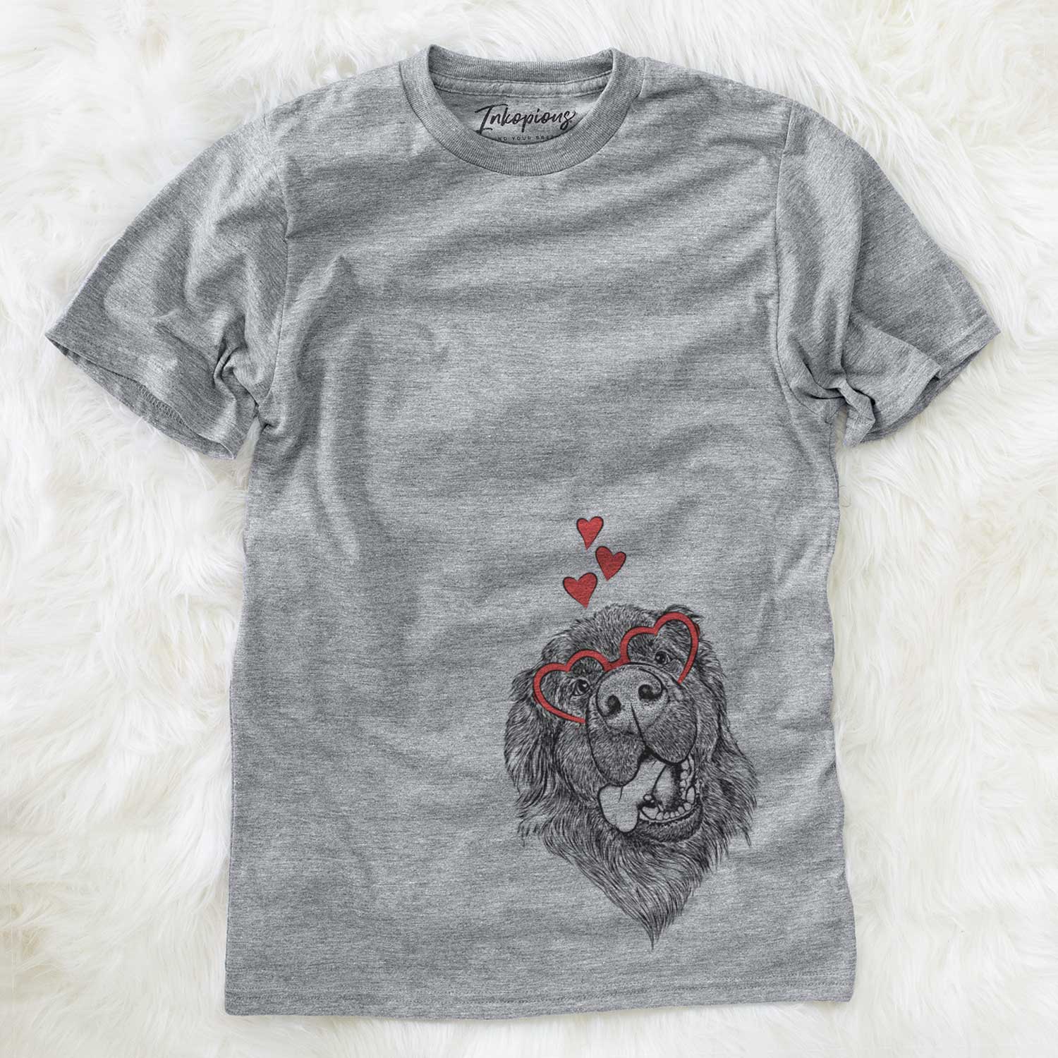 Hand-drawn sketch of Tuna the Newfoundland wearing heart-shaped glasses on a Grey Unisex crewneck