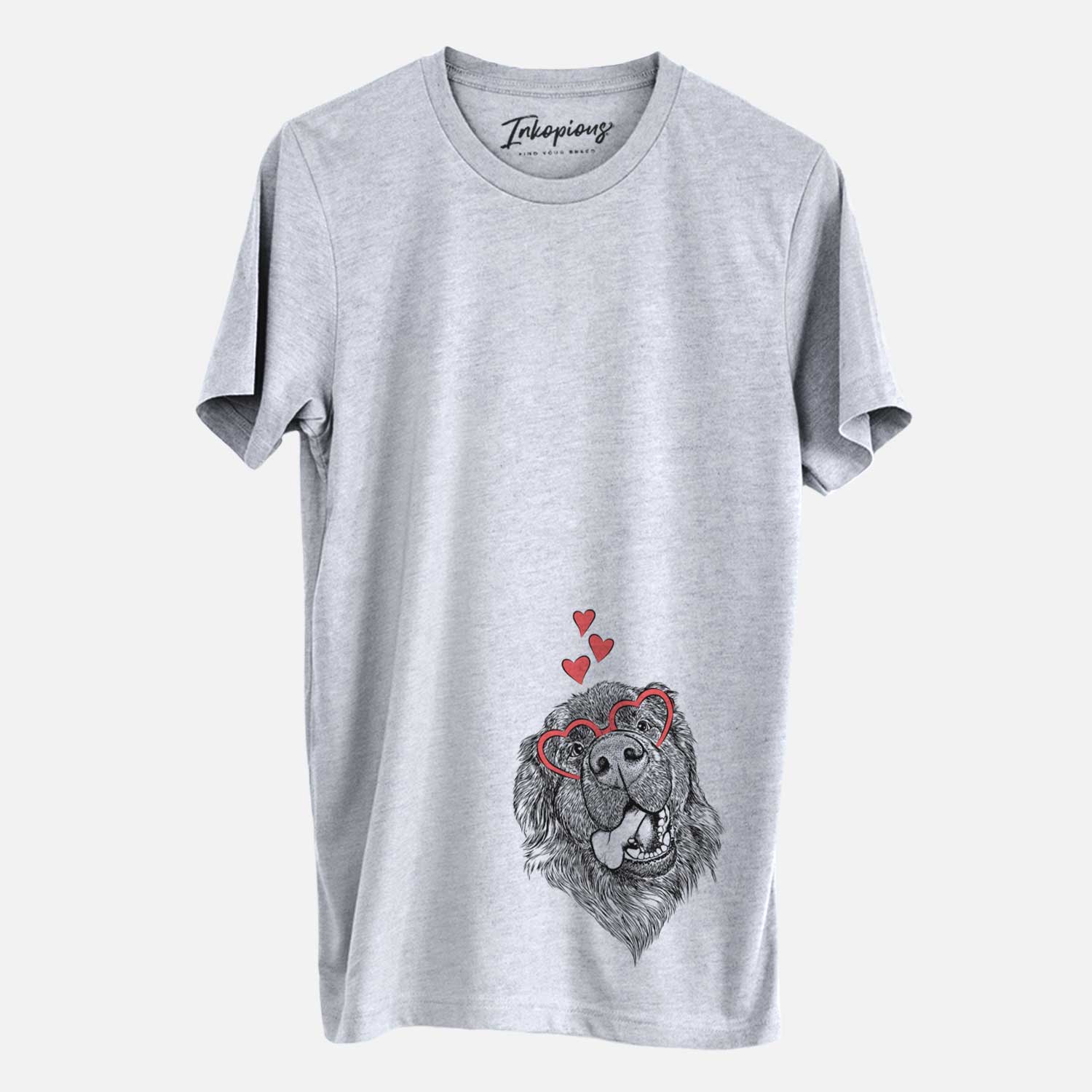Hand-drawn sketch of Tuna the Newfoundland wearing heart-shaped glasses on a Grey Unisex crewneck