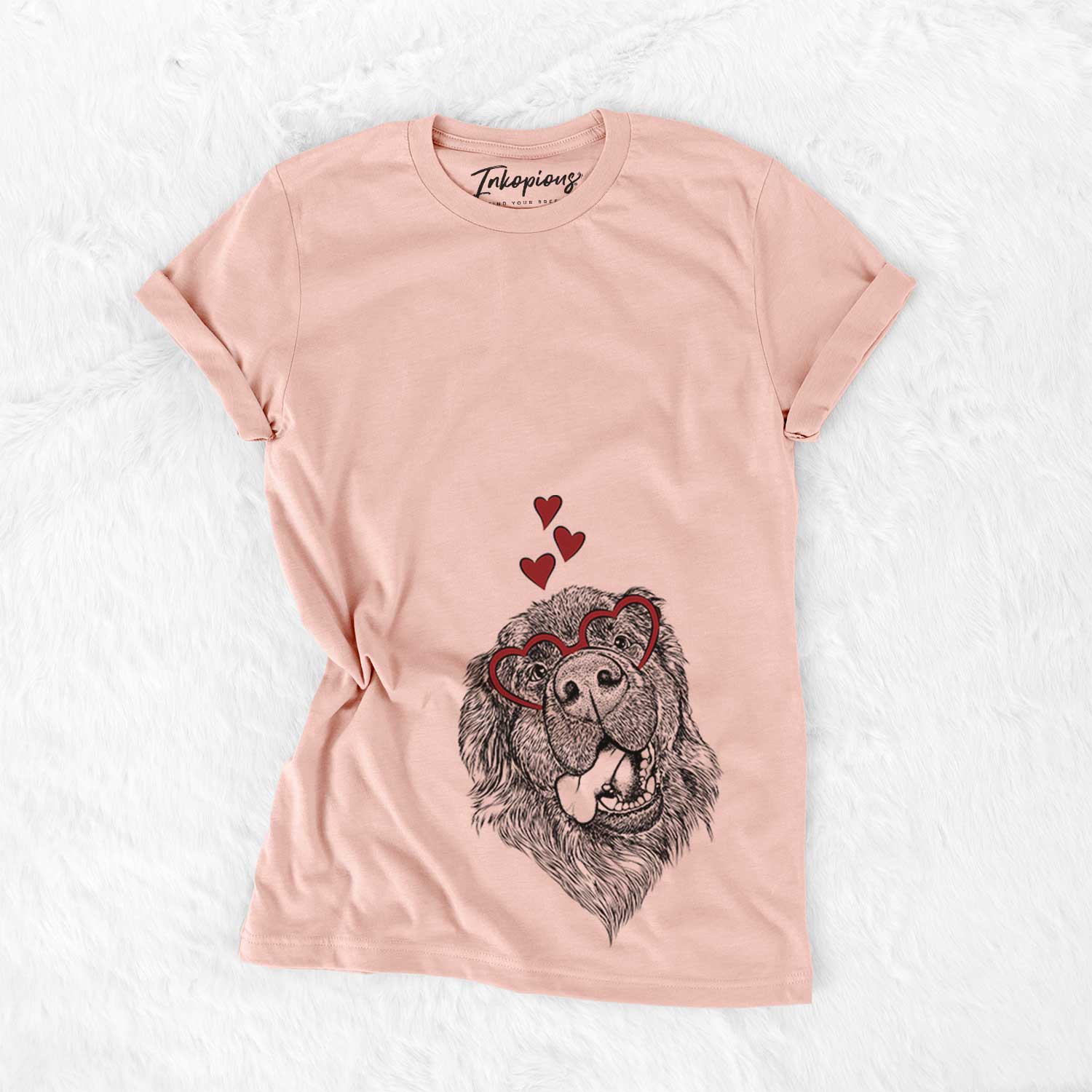 Hand-drawn sketch of Tuna the Newfoundland wearing heart-shaped glasses on a Peach Bella Canvas Unisex Crewneck