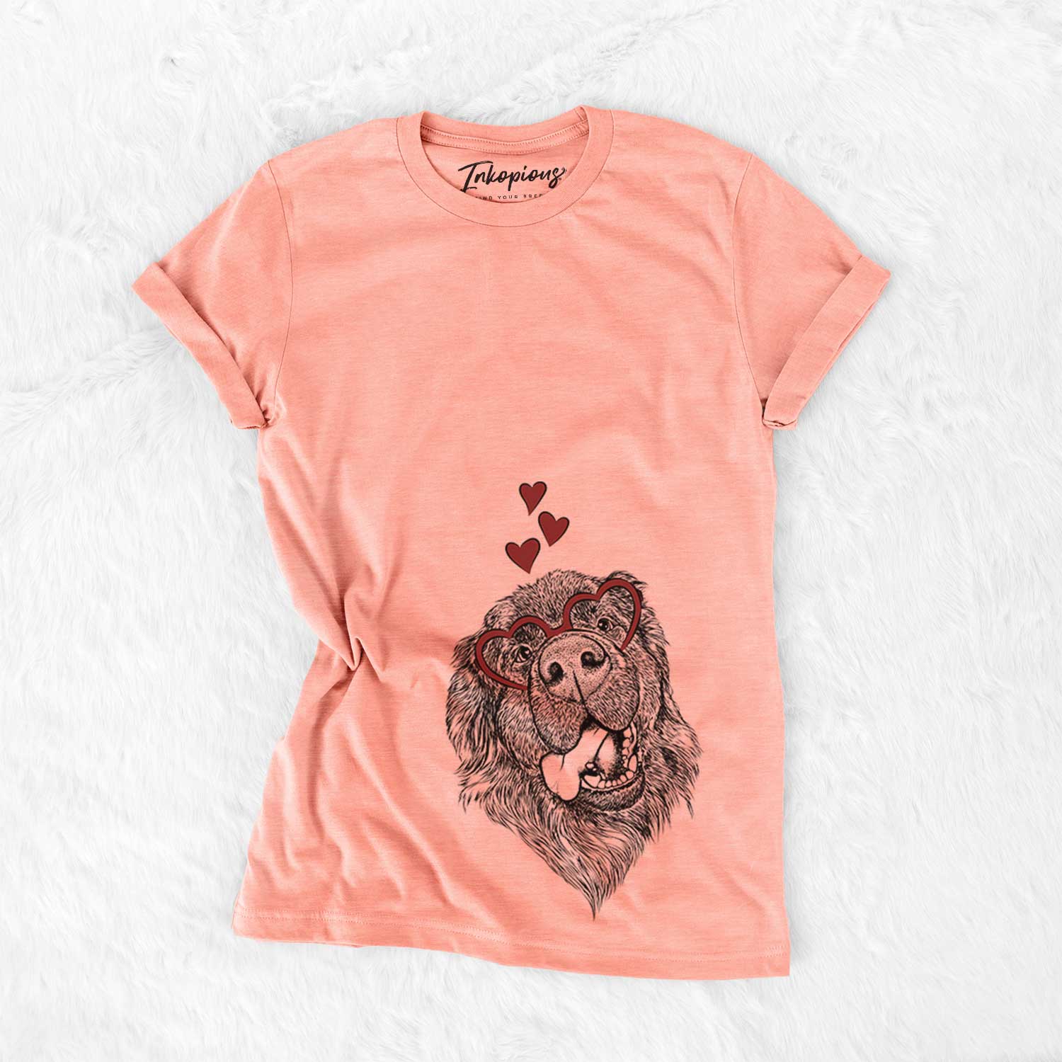 Hand-drawn sketch of Tuna the Newfoundland wearing heart-shaped glasses on a Sunset Bella Canvas Unisex Crewneck
