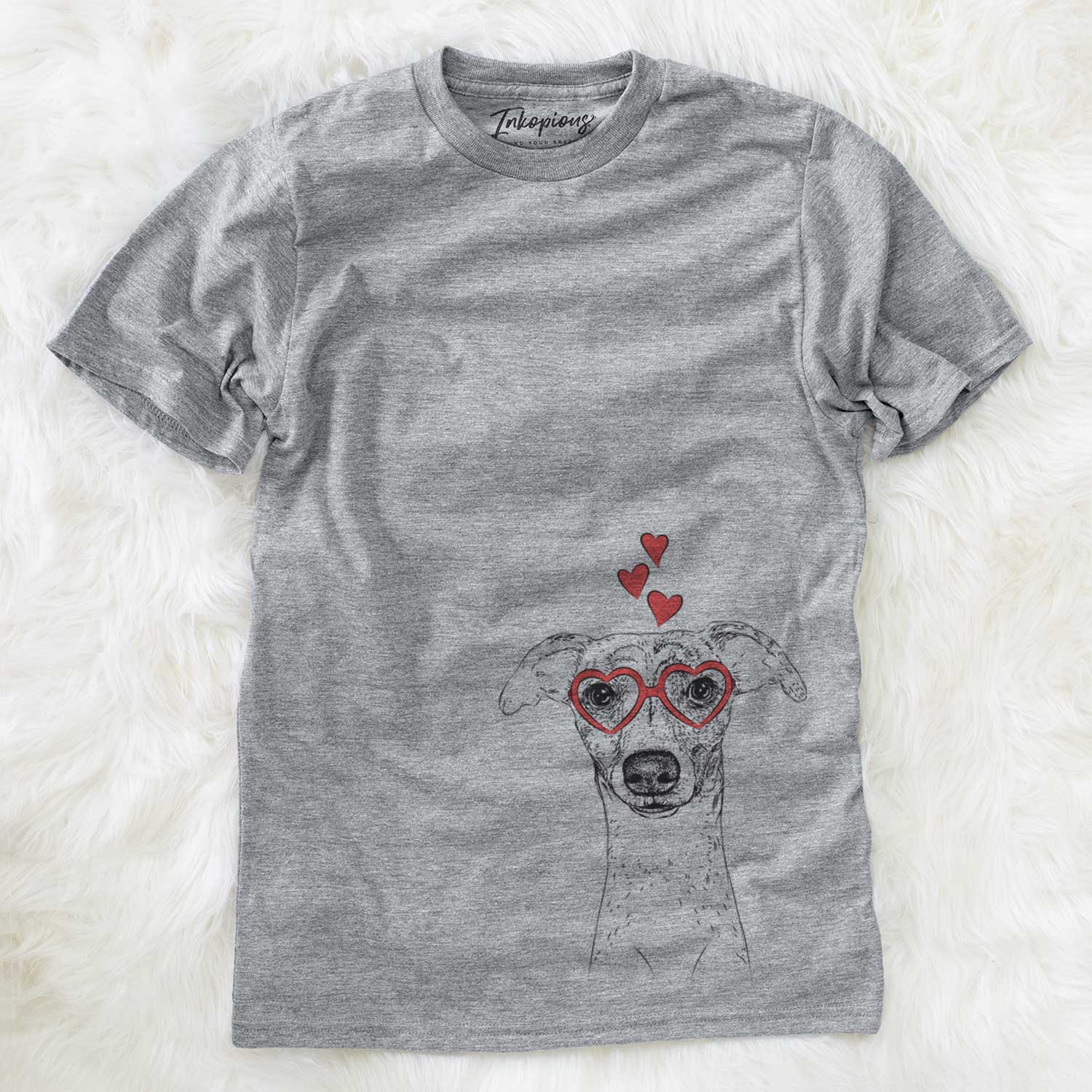 Hand-drawn sketch of Twiggy the Whippet wearing heart-shaped glasses on a Grey Unisex crewneck
