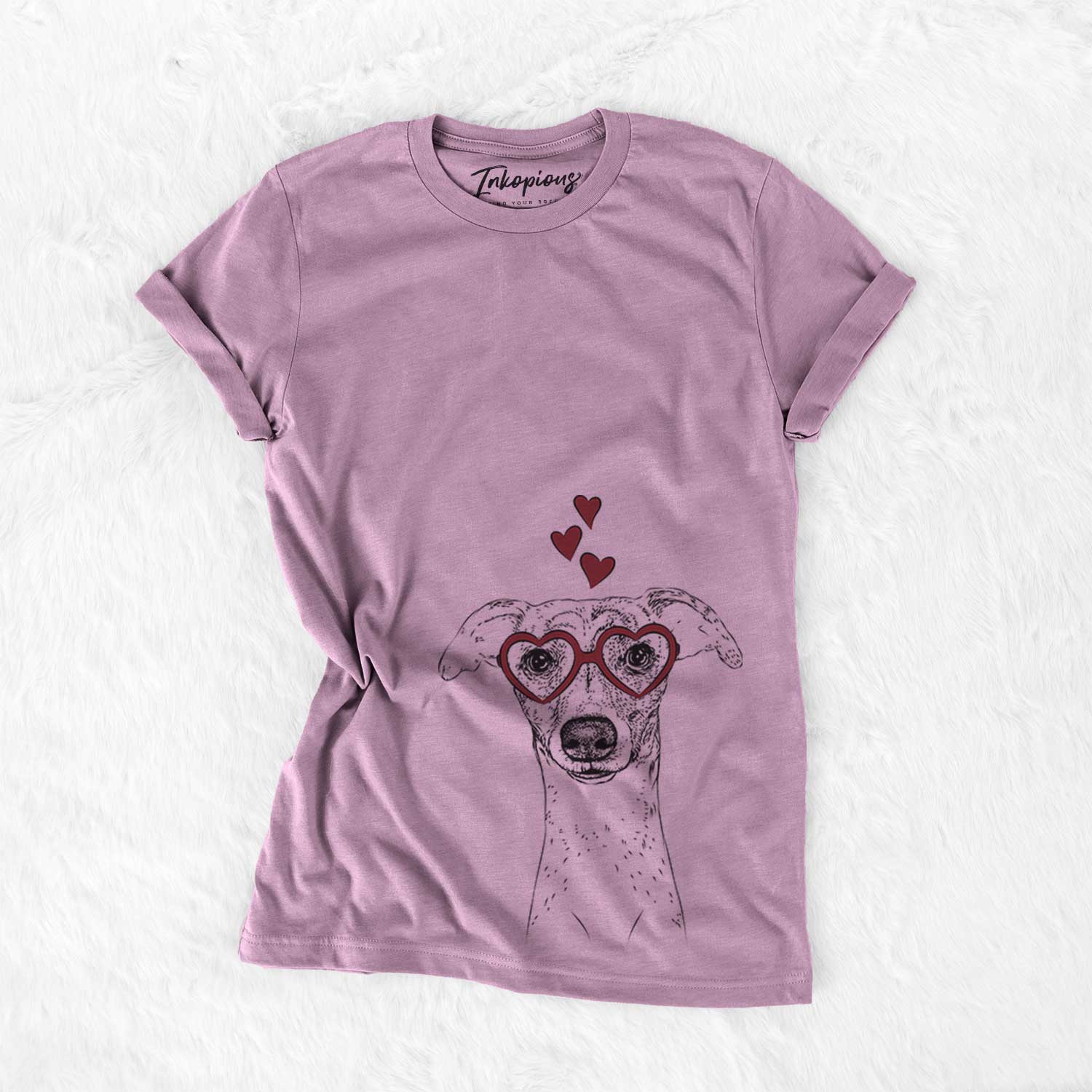 Hand-drawn sketch of Twiggy the Whippet wearing heart-shaped glasses on an Orchid Bella Canvas Unisex Crewneck