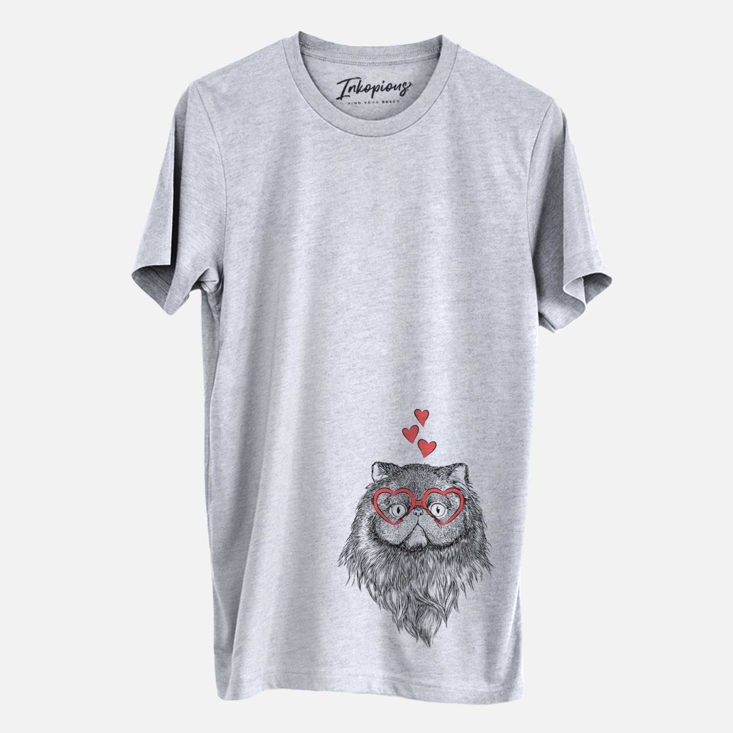 Hand-drawn sketch of Vader the Persian Cat wearing heart-shaped glasses on a Grey Unisex crewneck