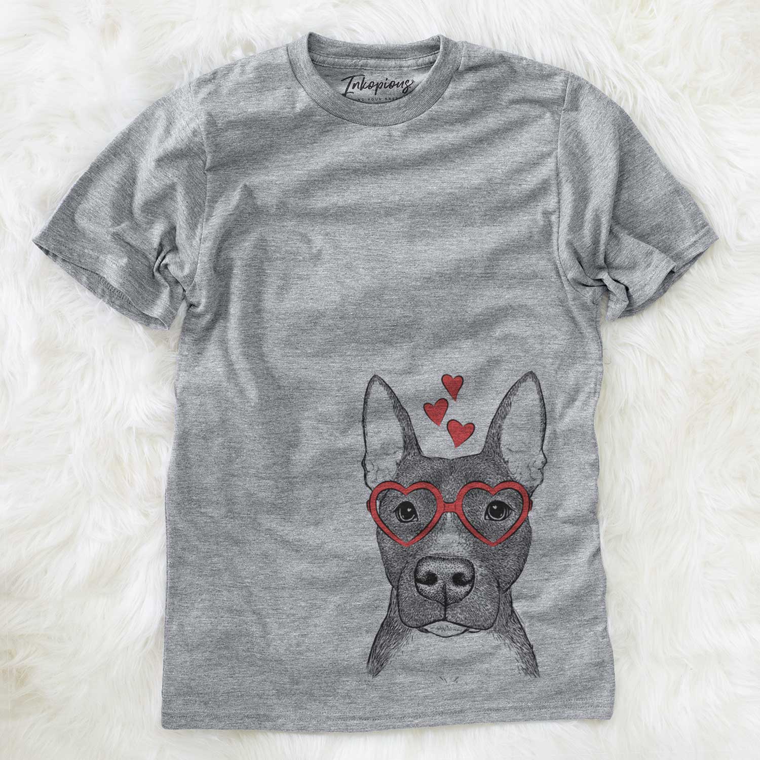 Hand-drawn sketch of Violet the Pitbull wearing heart-shaped glasses on a Grey Unisex crewneck
