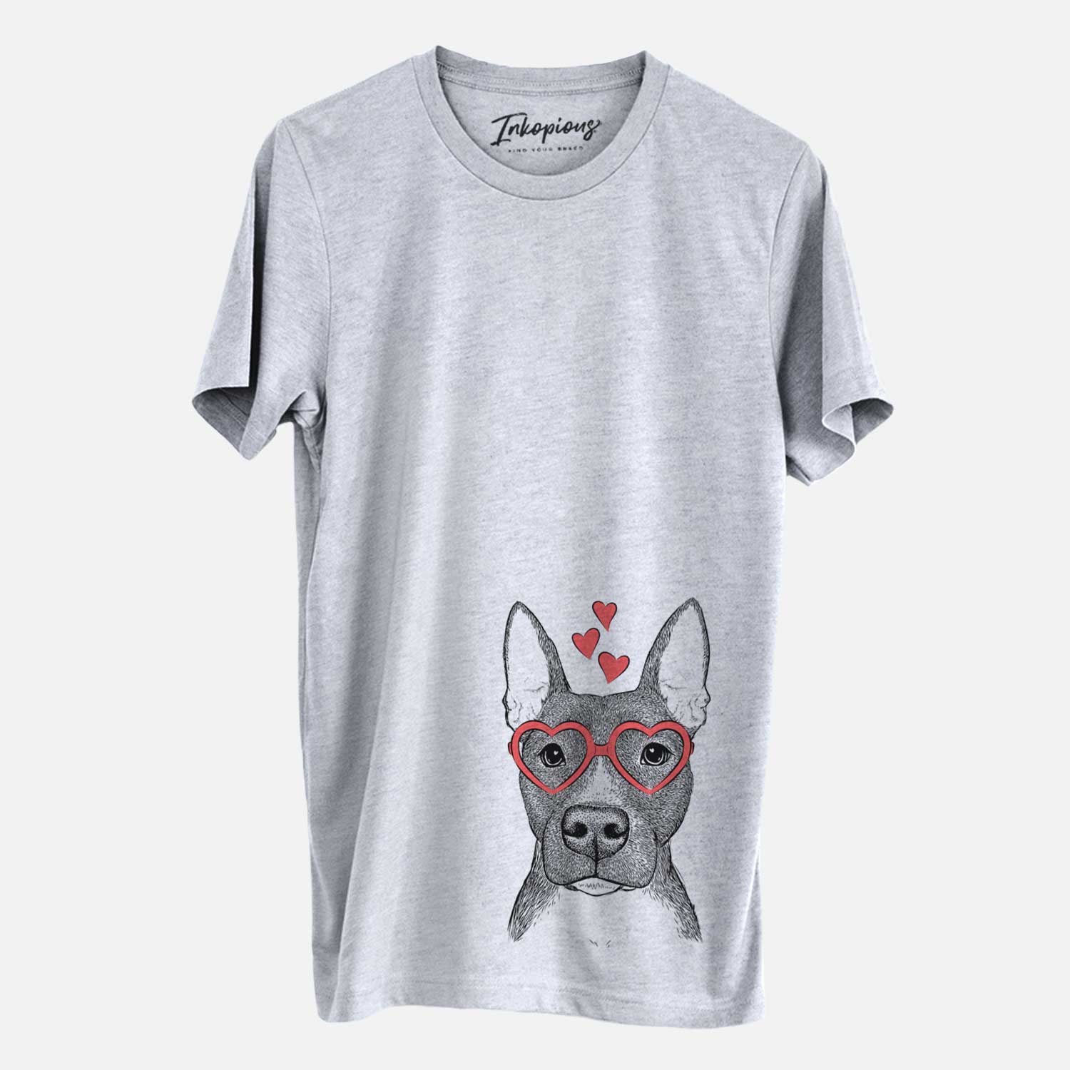 Hand-drawn sketch of Violet the Pitbull wearing heart-shaped glasses on a Grey Unisex crewneck
