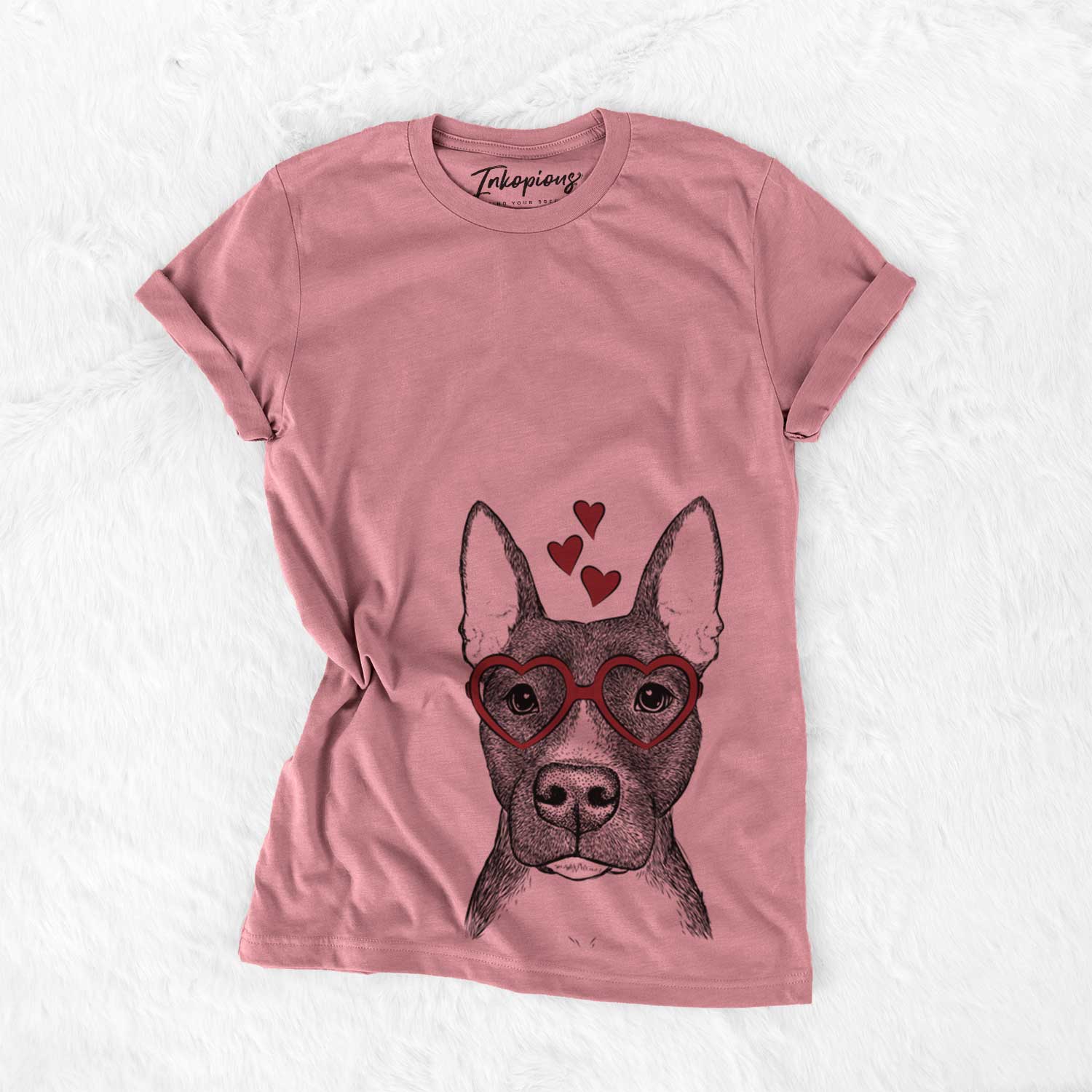 Hand-drawn sketch of Violet the Pitbull wearing heart-shaped glasses on a Mauve Bella Canvas Unisex Crewneck