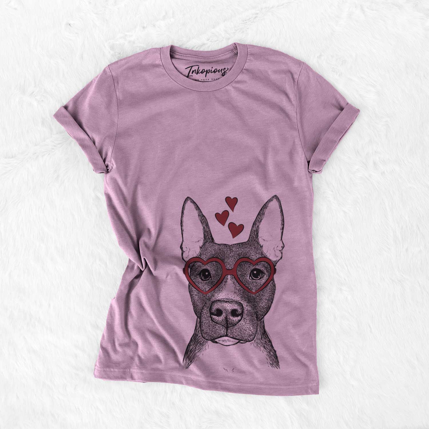 Hand-drawn sketch of Violet the Pitbull wearing heart-shaped glasses on an Orchid Bella Canvas Unisex Crewneck