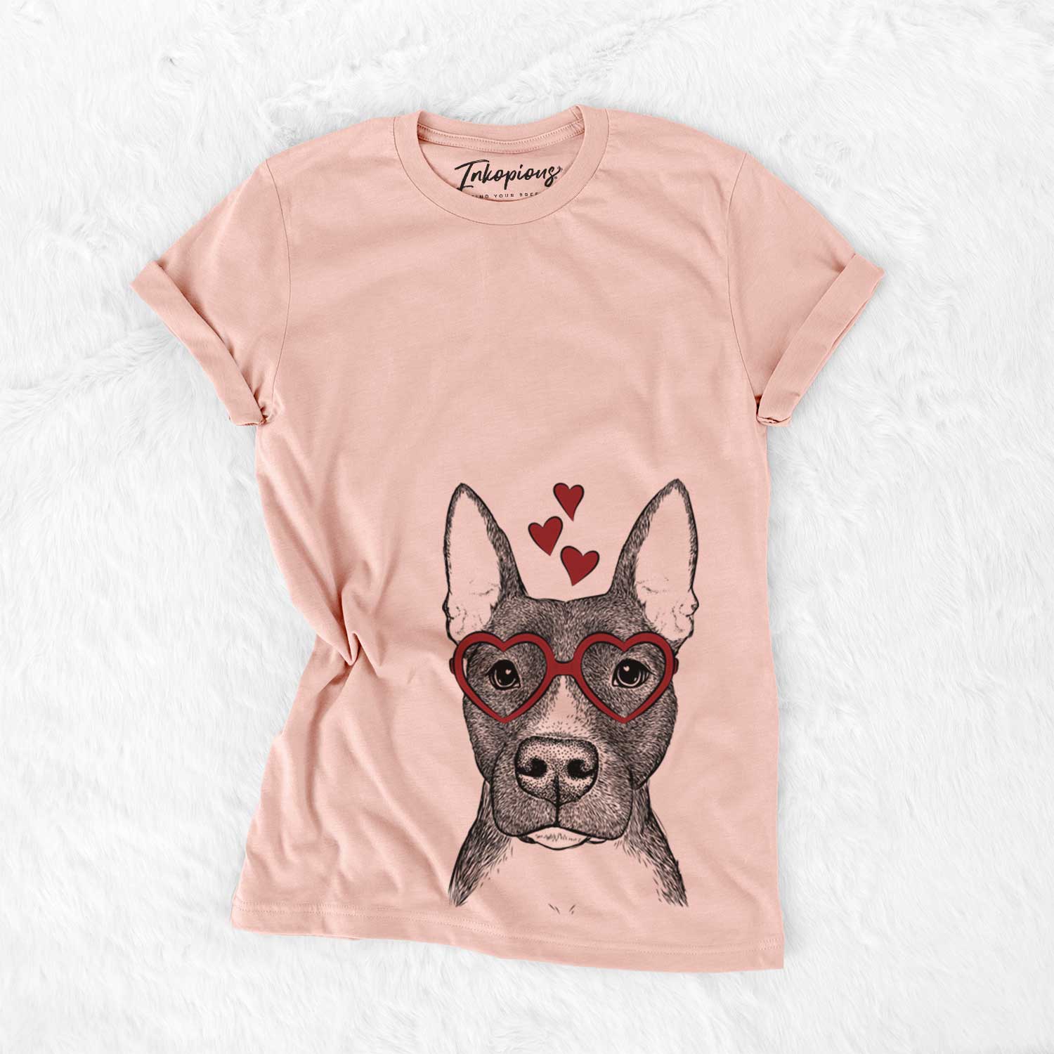 Hand-drawn sketch of Violet the Pitbull wearing heart-shaped glasses on a Peach Bella Canvas Unisex Crewneck