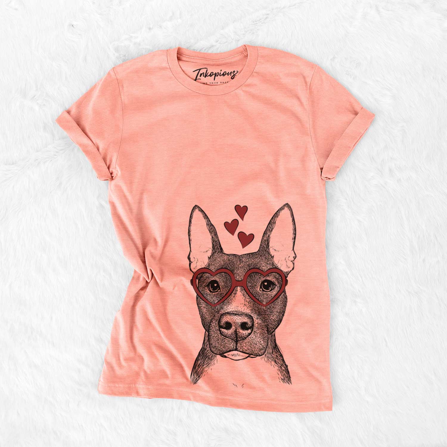 Hand-drawn sketch of Violet the Pitbull wearing heart-shaped glasses on a Sunset Bella Canvas Unisex Crewneck