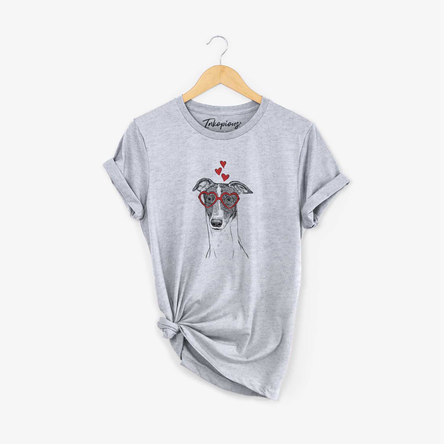 Hand-drawn sketch of Vyncent the Greyhound wearing heart-shaped glasses on an Unisex crewneck