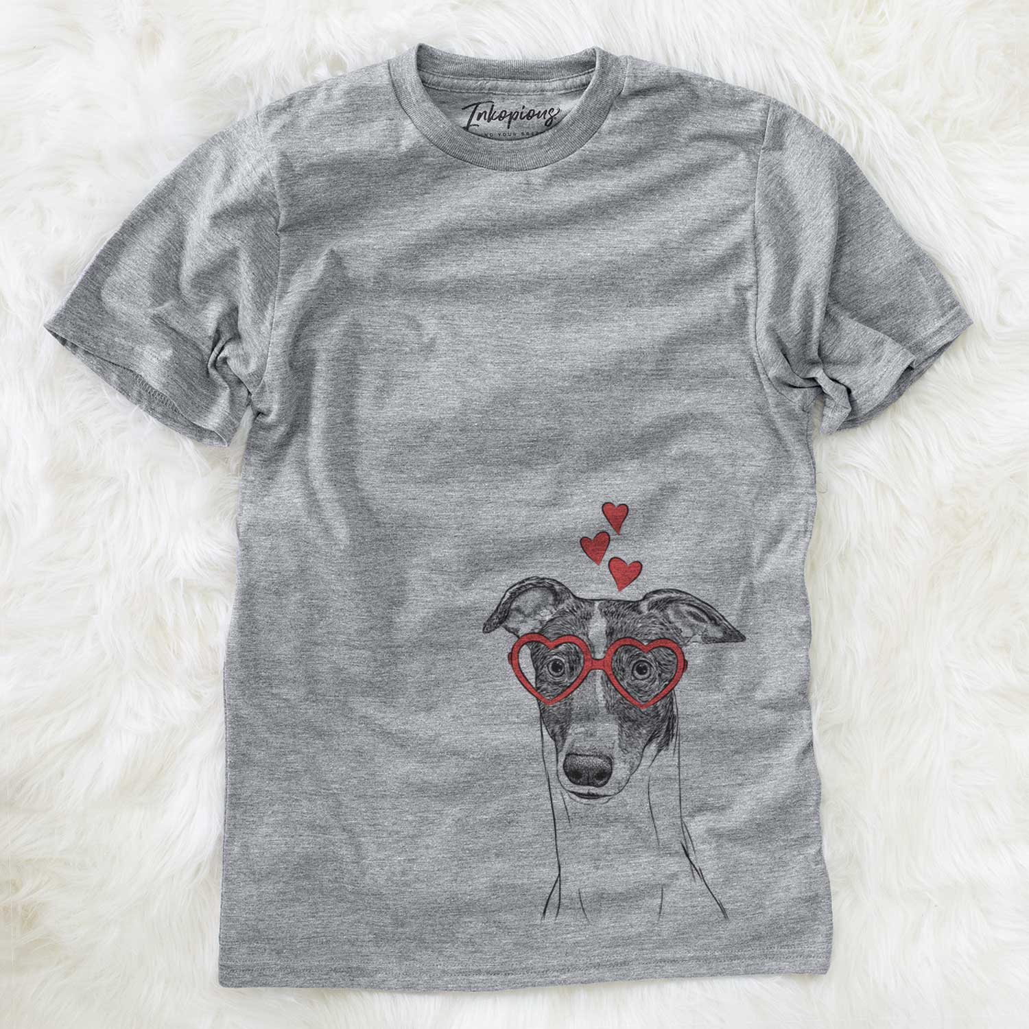 Hand-drawn sketch of Vyncent the Greyhound wearing heart-shaped glasses on an Unisex crewneck