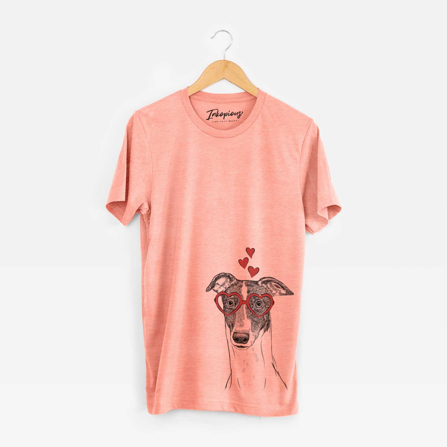 Hand-drawn sketch of Vyncent the Greyhound wearing heart-shaped glasses on a Sunset Unisex crewneck