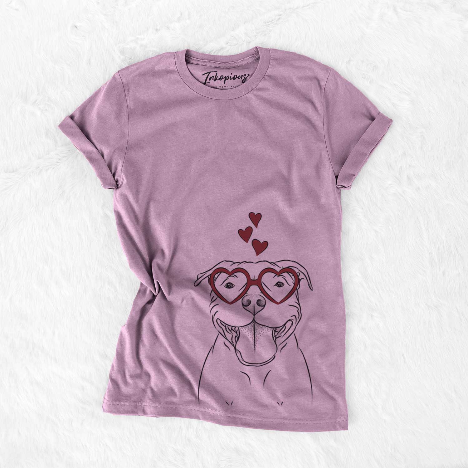 Hand-drawn sketch of Wafer the Staffordshire Bull Terrier wearing heart-shaped glasses on an Orchid Bella Canvas Unisex Crewneck