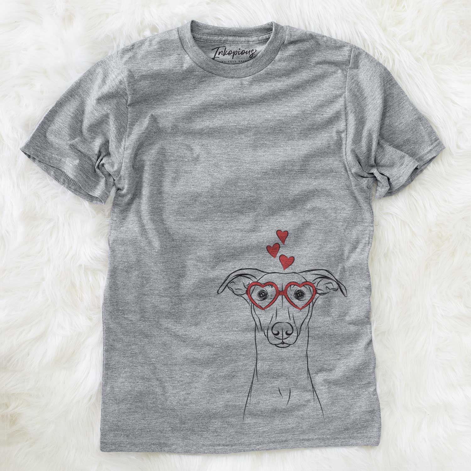 Hand-drawn sketch of Wallace the Whippet wearing heart-shaped glasses on a Grey Unisex crewneck