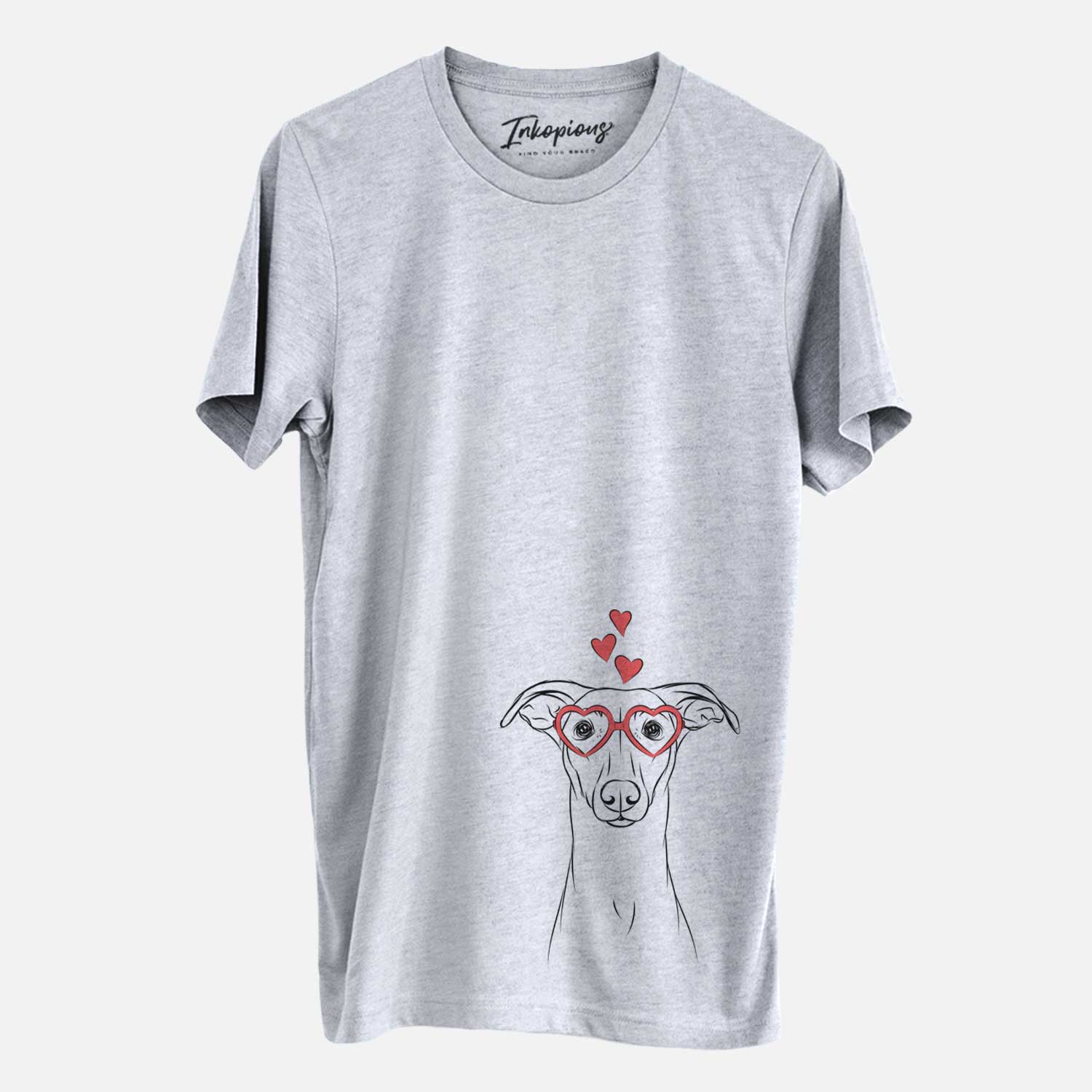 Hand-drawn sketch of Wallace the Whippet wearing heart-shaped glasses on a Grey Unisex crewneck