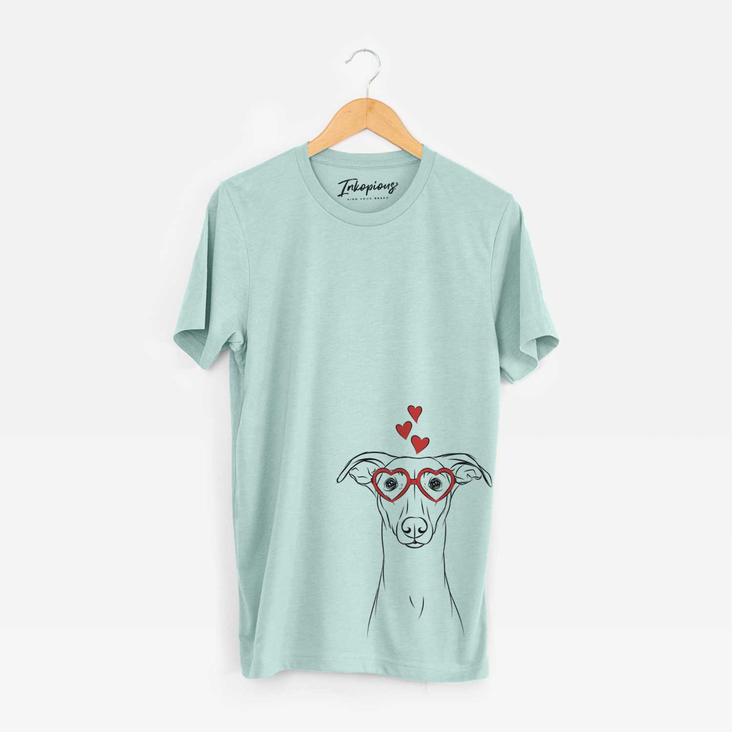 Hand-drawn sketch of Wallace the Whippet wearing heart-shaped glasses on a Heather Sage Unisex crewneck