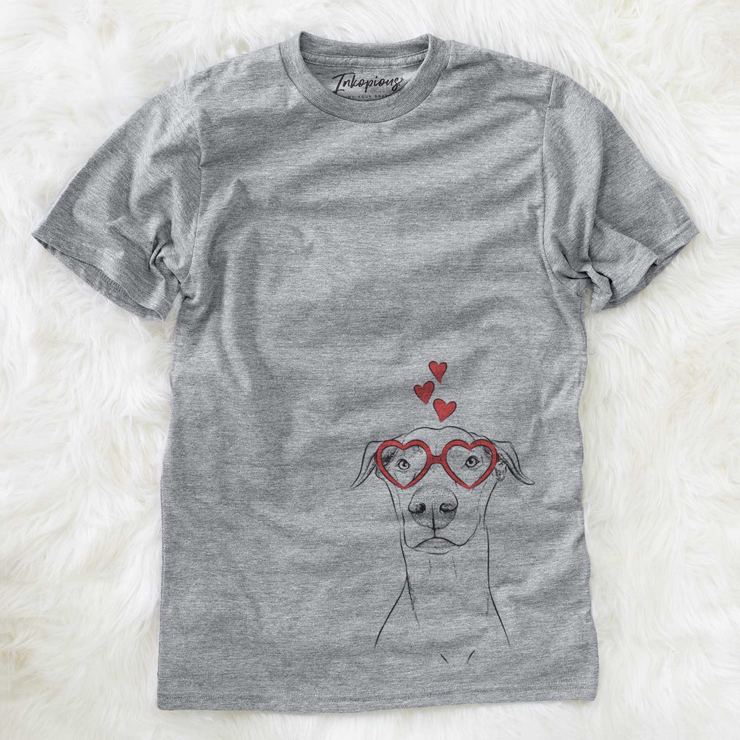 Hand-drawn sketch of Walter the White Doberman Rescue wearing heart-shaped glasses on a Grey Unisex crewneck