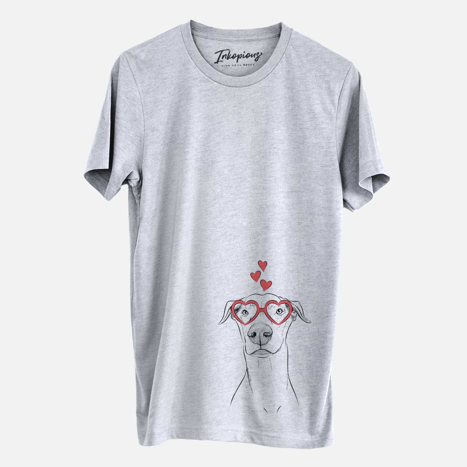Hand-drawn sketch of Walter the White Doberman Rescue wearing heart-shaped glasses on a Grey Unisex crewneck