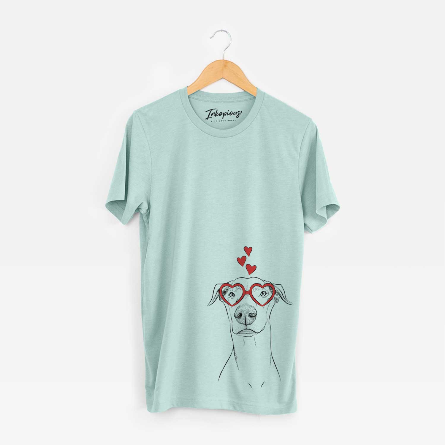 Hand-drawn sketch of Walter the White Doberman Rescue wearing heart-shaped glasses on a Heather Sage Unisex crewneck