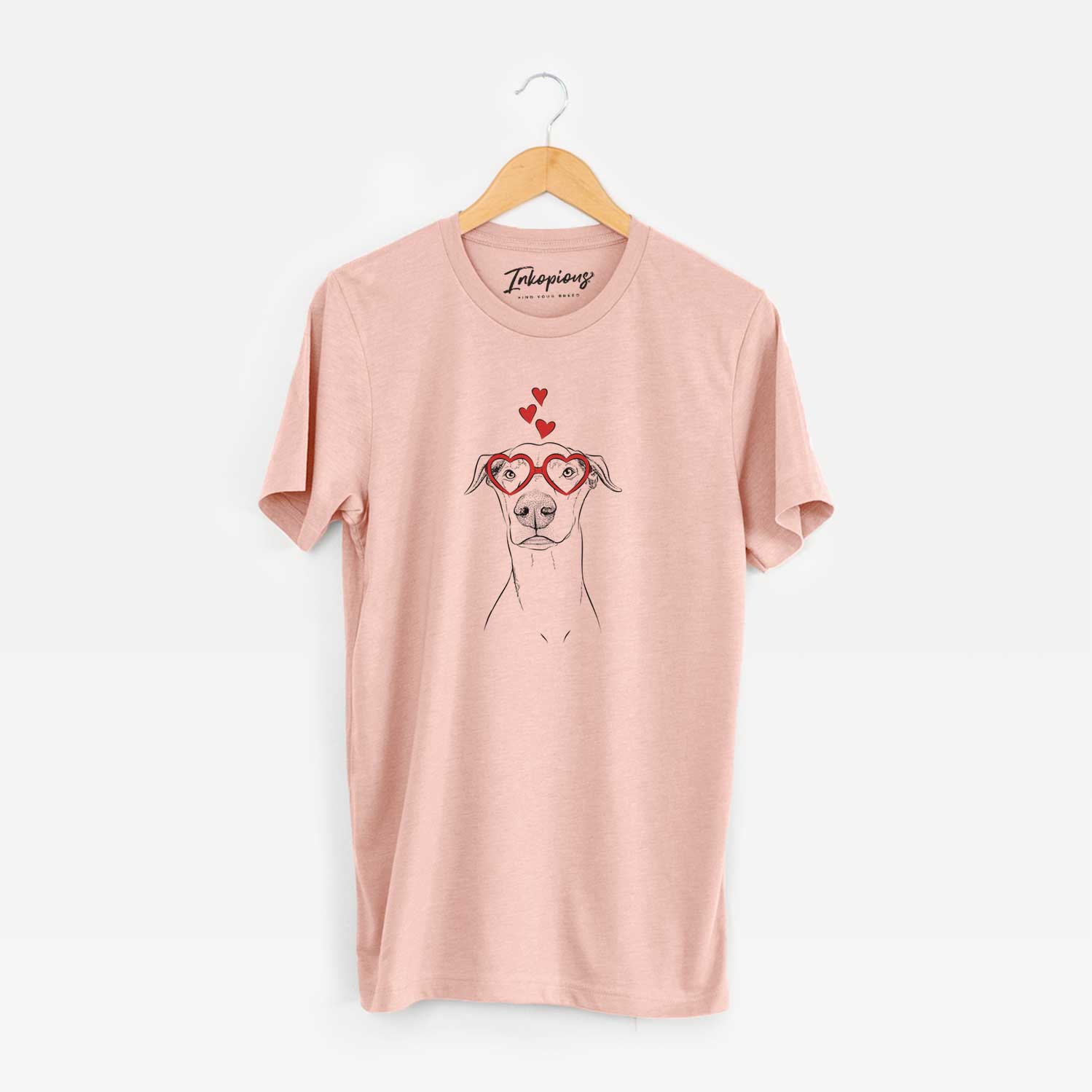 Hand-drawn sketch of Walter the White Doberman Rescue wearing heart-shaped glasses on a Peach Unisex crewneck