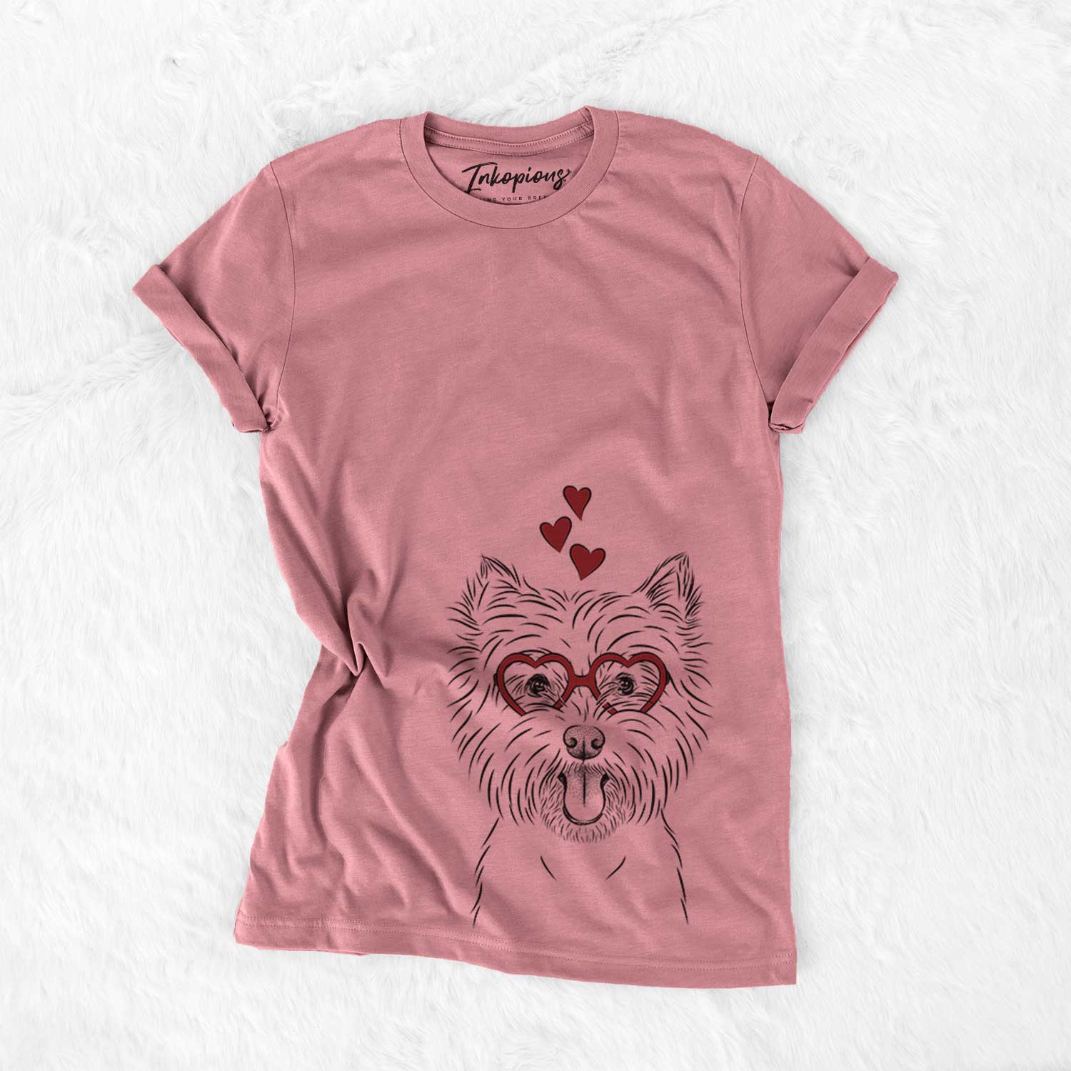 Hand-drawn sketch of Welma the West Highland Terrier wearing heart-shaped glasses on a Mauve Bella Canvas Unisex Crewneck