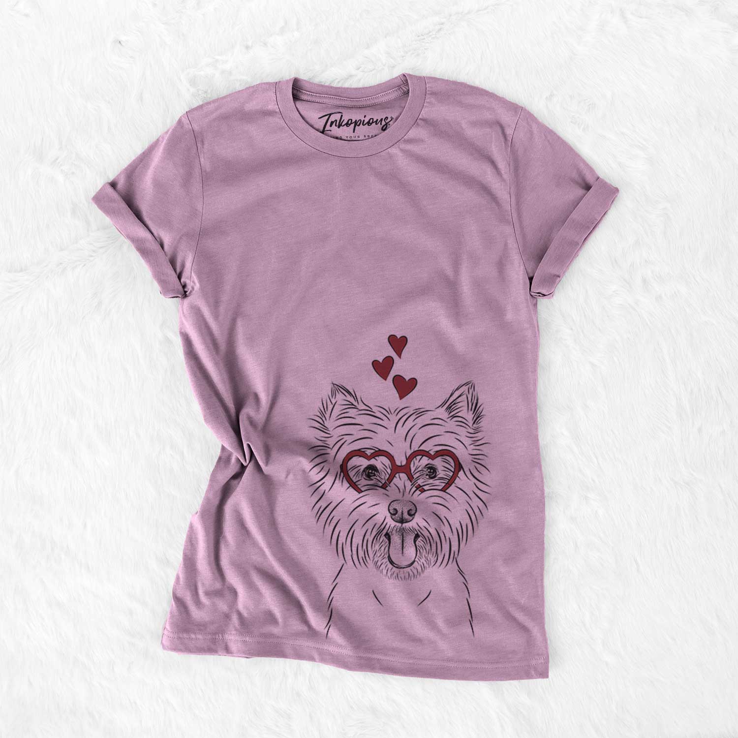 Hand-drawn sketch of Welma the West Highland Terrier wearing heart-shaped glasses on an Orchid Bella Canvas Unisex Crewneck