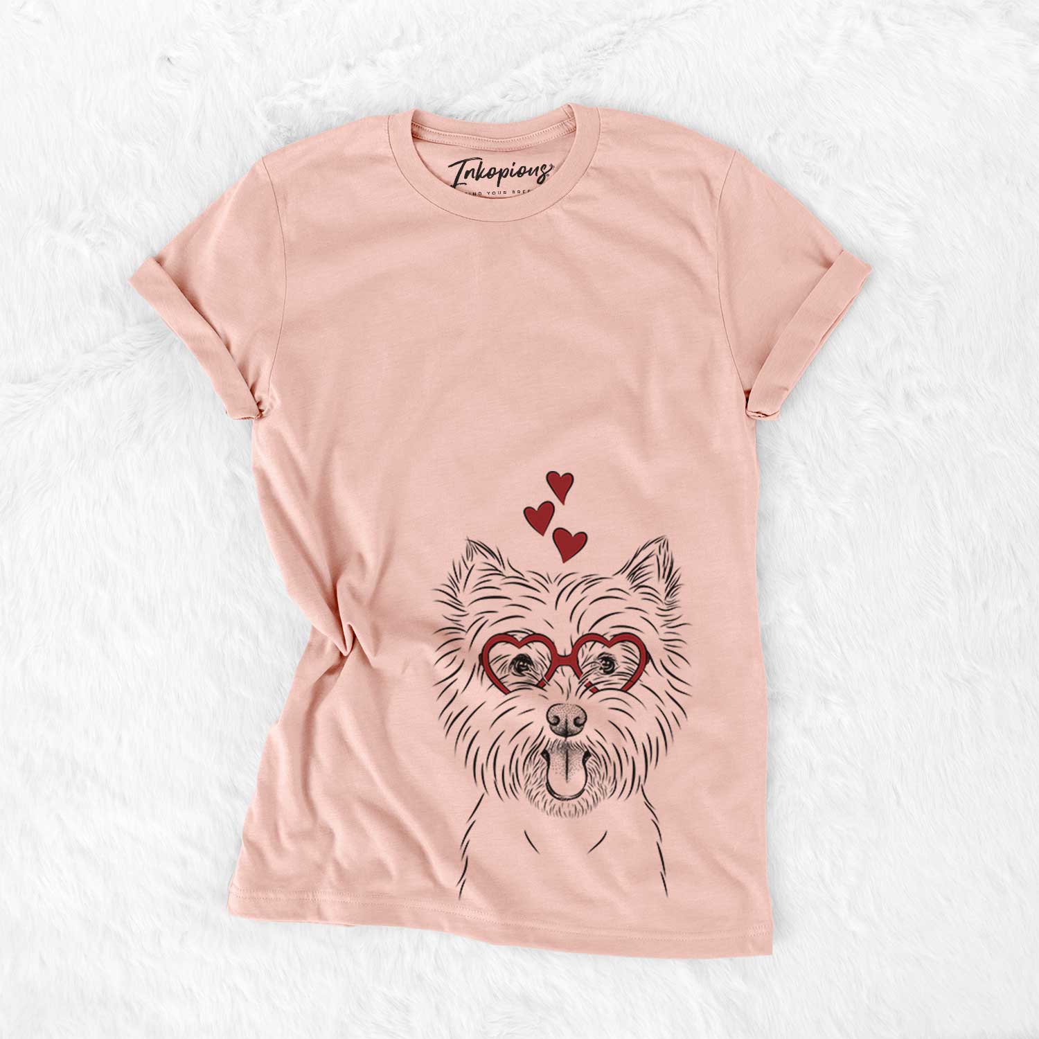 Hand-drawn sketch of Welma the West Highland Terrier wearing heart-shaped glasses on a Peach Bella Canvas Unisex Crewneck