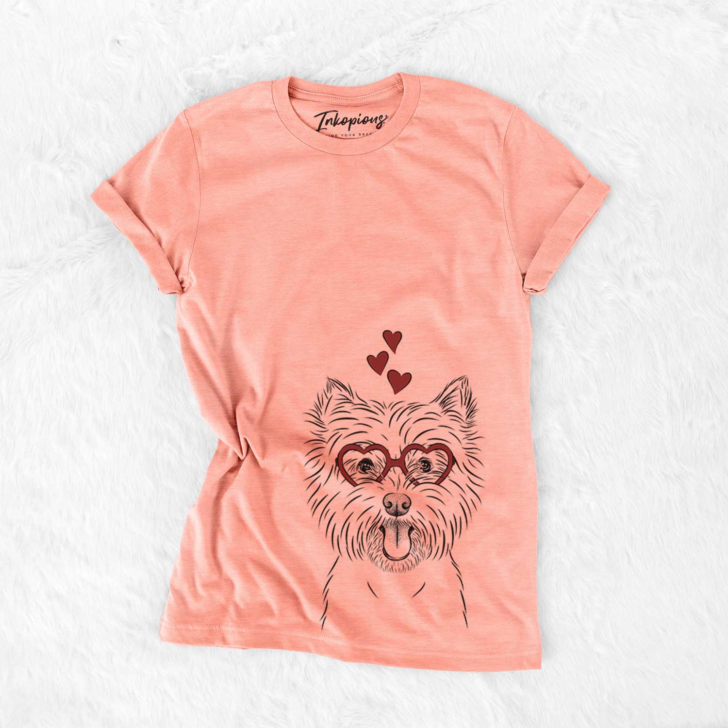 Hand-drawn sketch of Welma the West Highland Terrier wearing heart-shaped glasses on a Sunset Bella Canvas Unisex Crewneck
