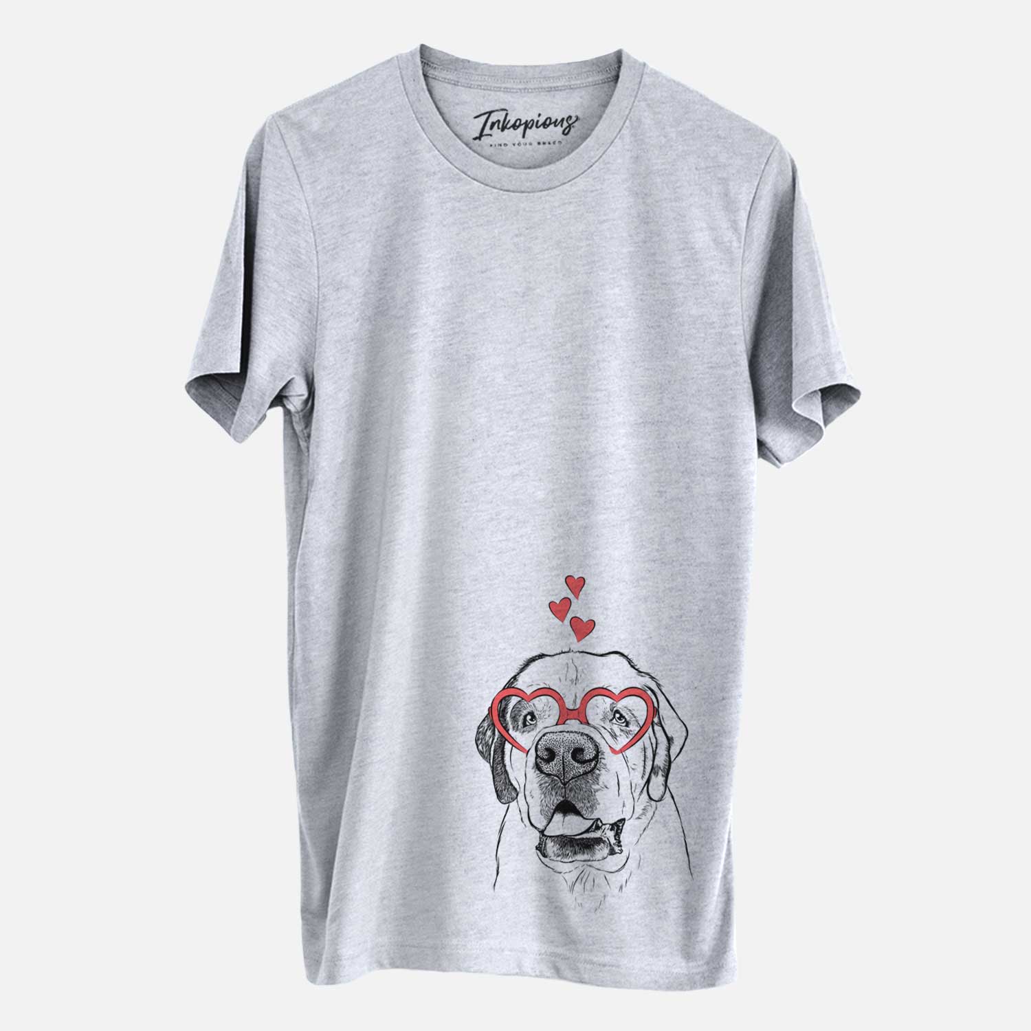 Hand-drawn sketch of Wendy the Saint Bernard wearing heart-shaped glasses on a Grey Unisex crewneck