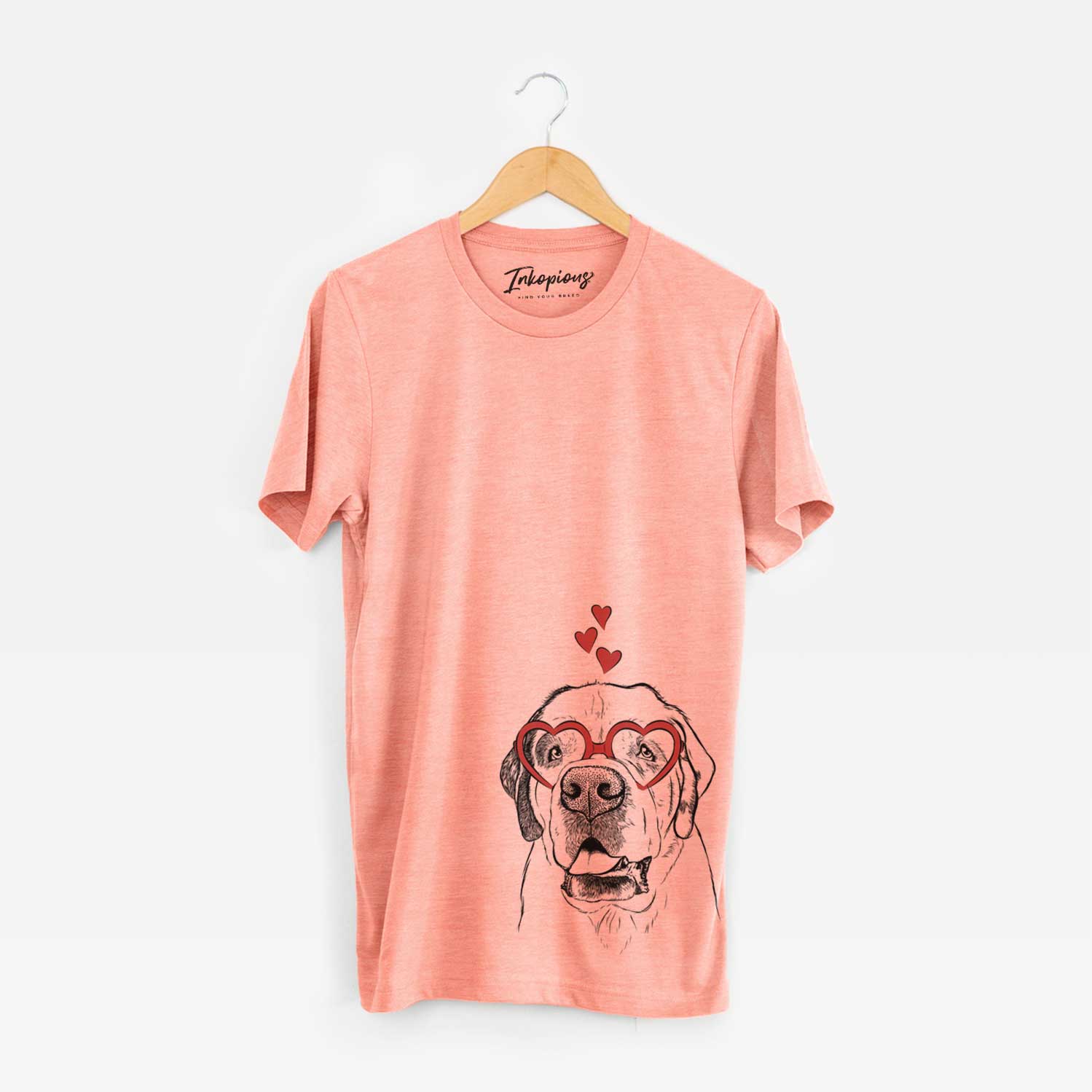 Hand-drawn sketch of Wendy the Saint Bernard wearing heart-shaped glasses on a Sunset Unisex crewneck