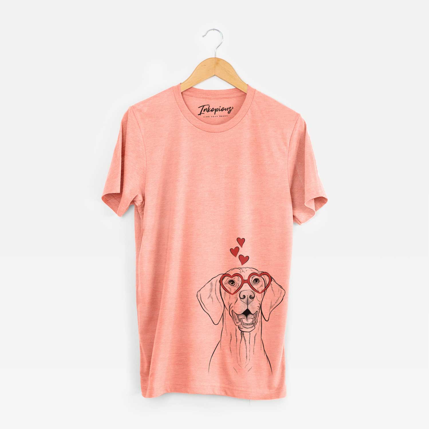 Hand-drawn sketch of Wesley the Vizsla wearing heart-shaped glasses on a Sunset Unisex crewneck