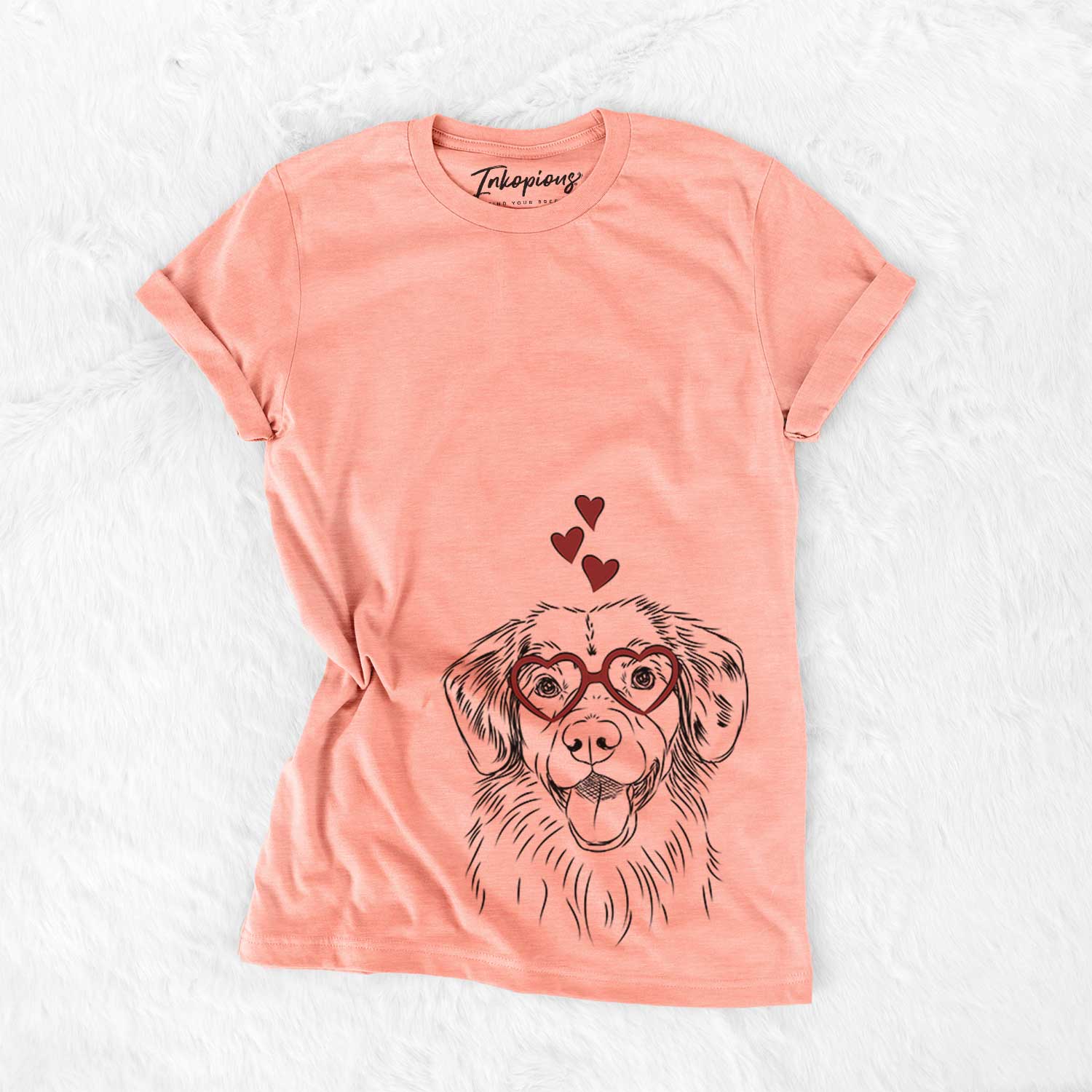 Hand-drawn sketch of Weston the Nova Scotia Duck Tolling Retriever wearing heart-shaped glasses on a Sunset Bella Canvas Unisex Crewneck