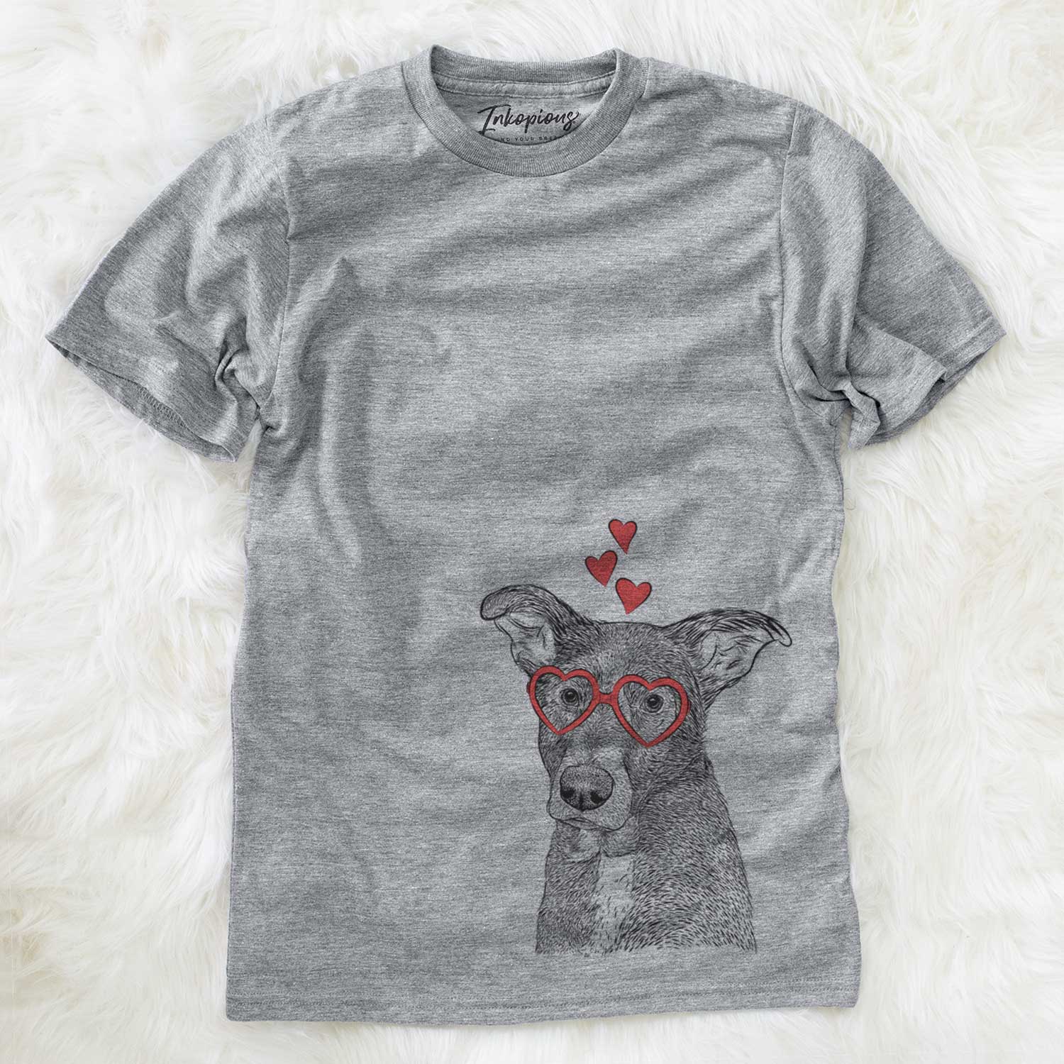 Hand-drawn sketch of Wilbur the Shepherd Mix wearing heart-shaped glasses on a Grey Unisex crewneck