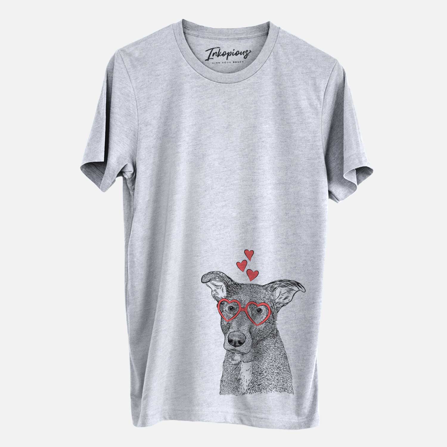 Hand-drawn sketch of Wilbur the Shepherd Mix wearing heart-shaped glasses on a Grey Unisex crewneck