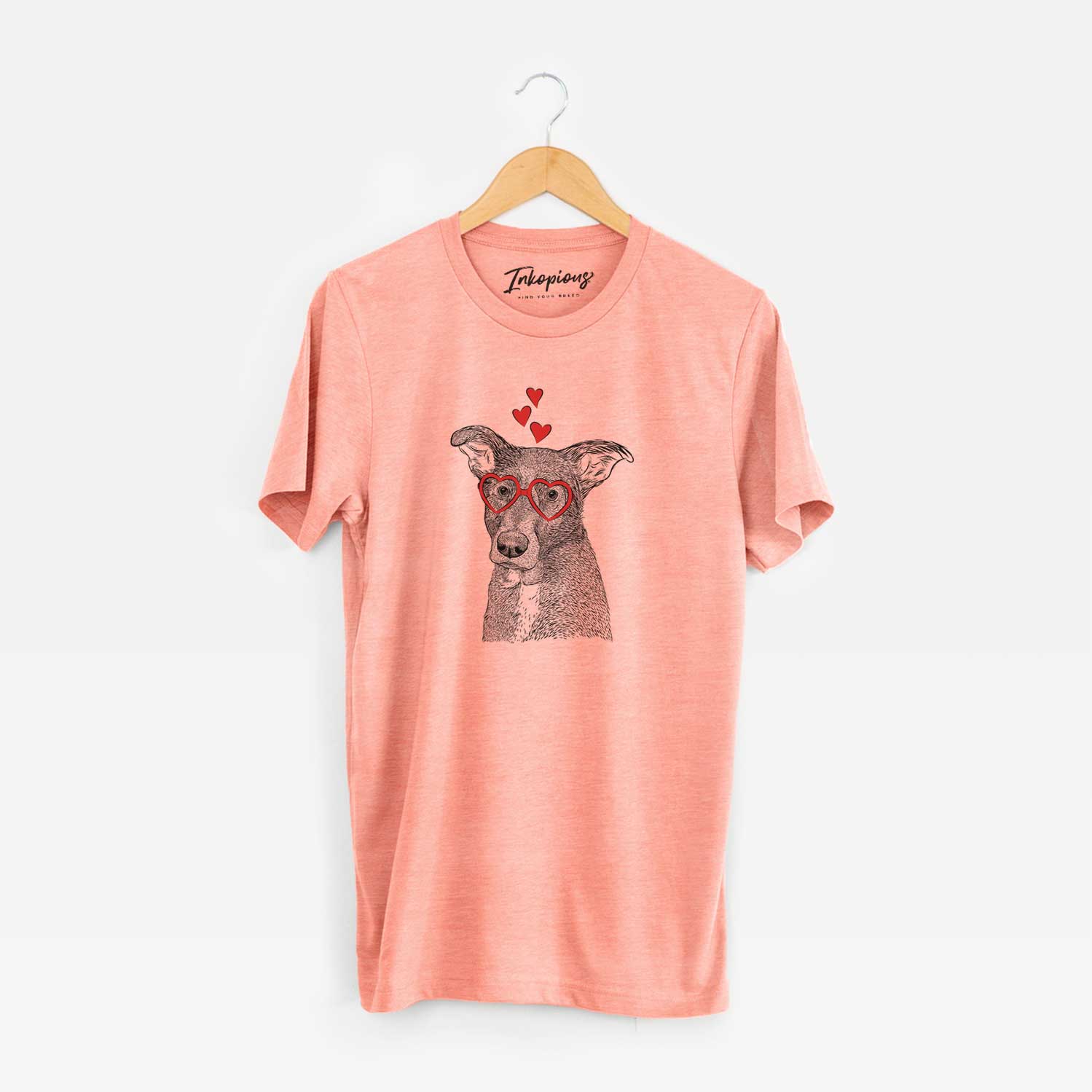 Hand-drawn sketch of Wilbur the Shepherd Mix wearing heart-shaped glasses on a Sunset Unisex crewneck