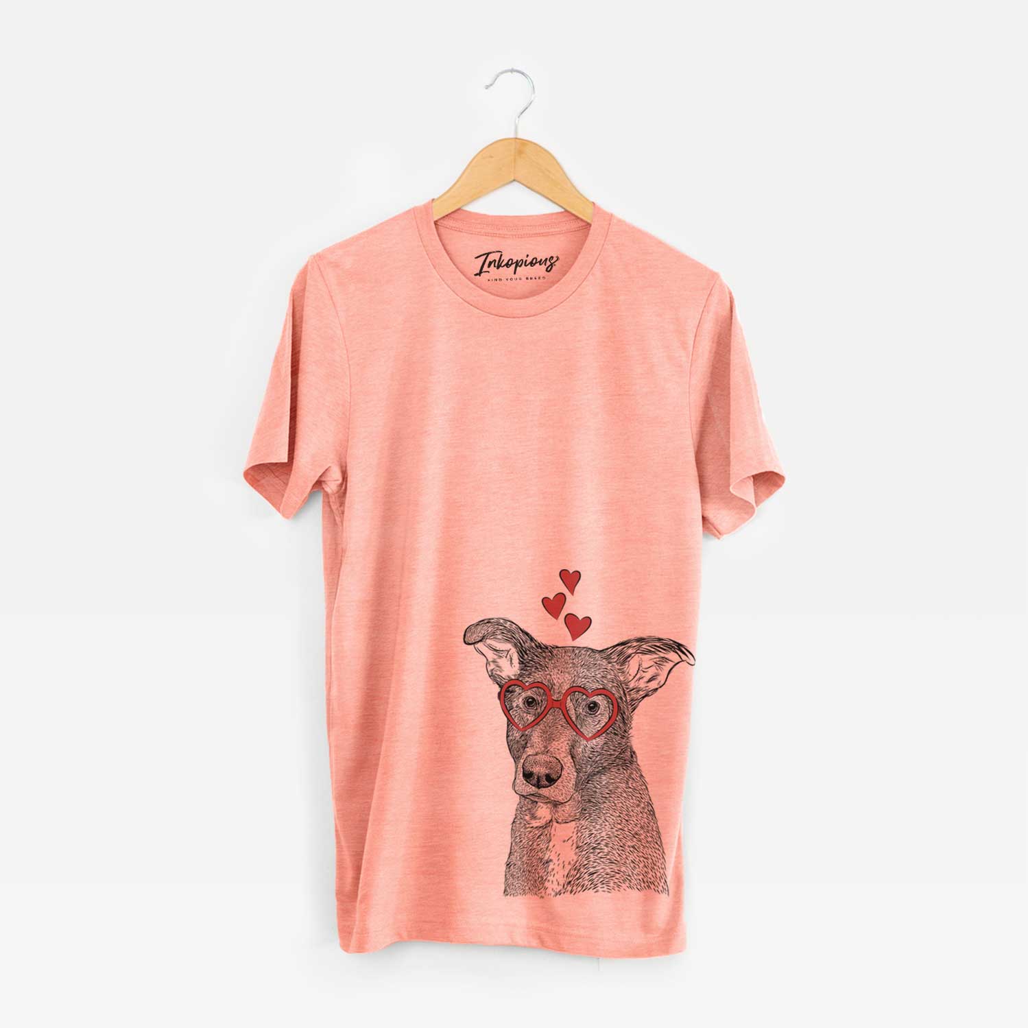 Hand-drawn sketch of Wilbur the Shepherd Mix wearing heart-shaped glasses on a Sunset Unisex crewneck