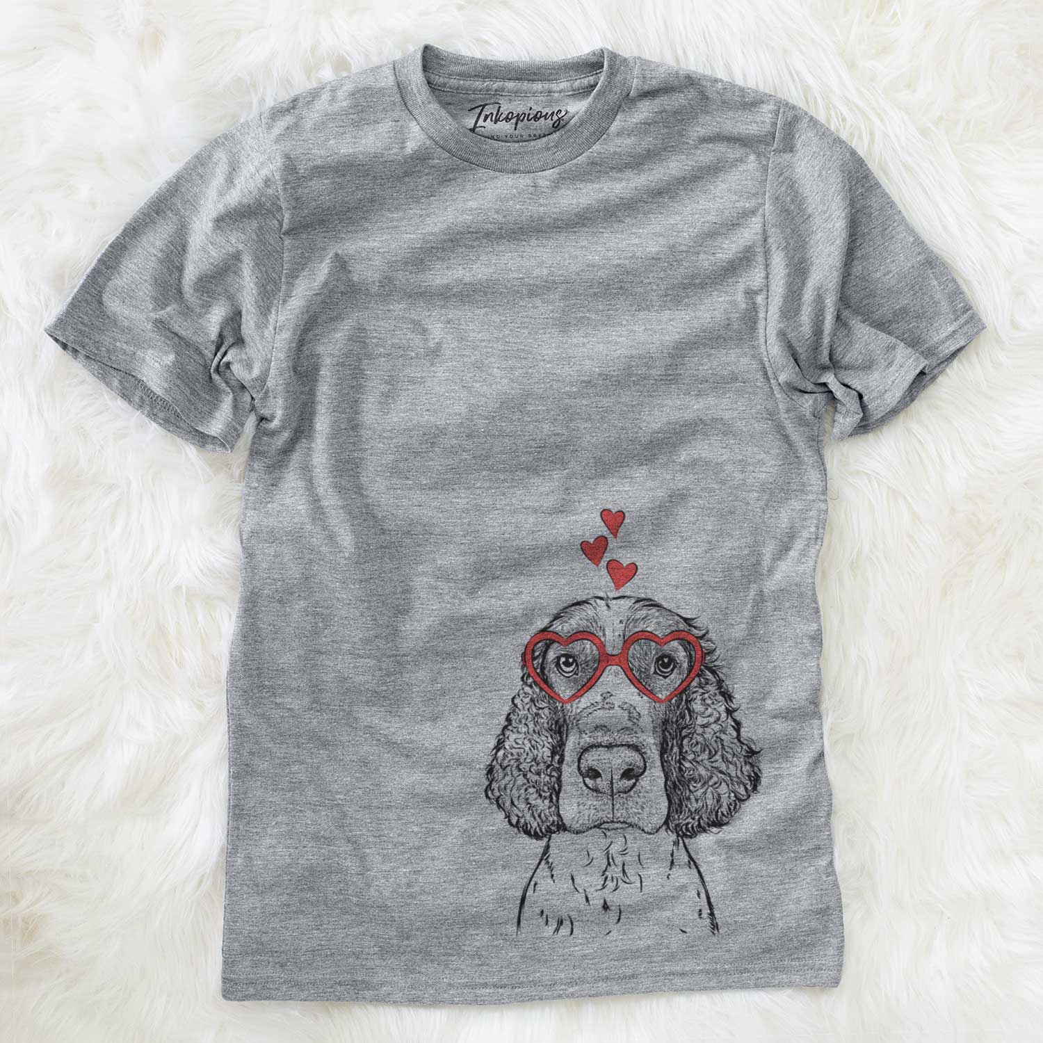 Hand-drawn sketch of Wilbur the English Springer Spaniel wearing heart-shaped glasses on a Grey Unisex crewneck