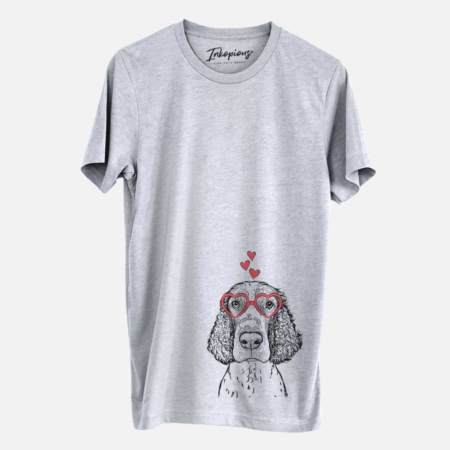 Hand-drawn sketch of Wilbur the English Springer Spaniel wearing heart-shaped glasses on a Grey Unisex crewneck