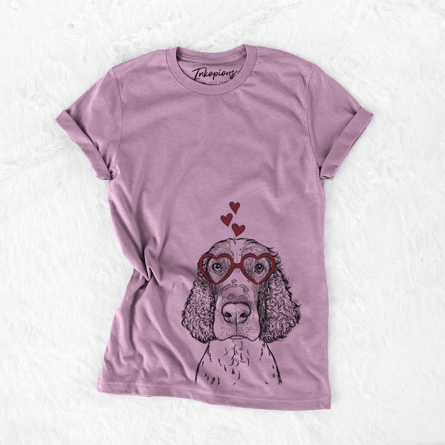Hand-drawn sketch of Wilbur the English Springer Spaniel wearing heart-shaped glasses on an Orchid Bella Canvas Unisex Crewneck