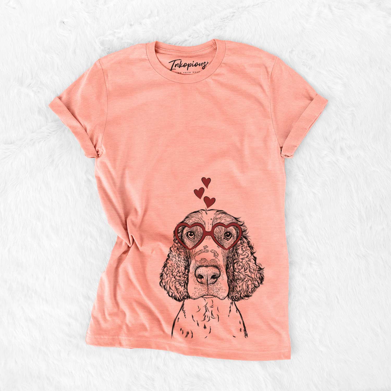Hand-drawn sketch of Wilbur the English Springer Spaniel wearing heart-shaped glasses on a Sunset Bella Canvas Unisex Crewneck