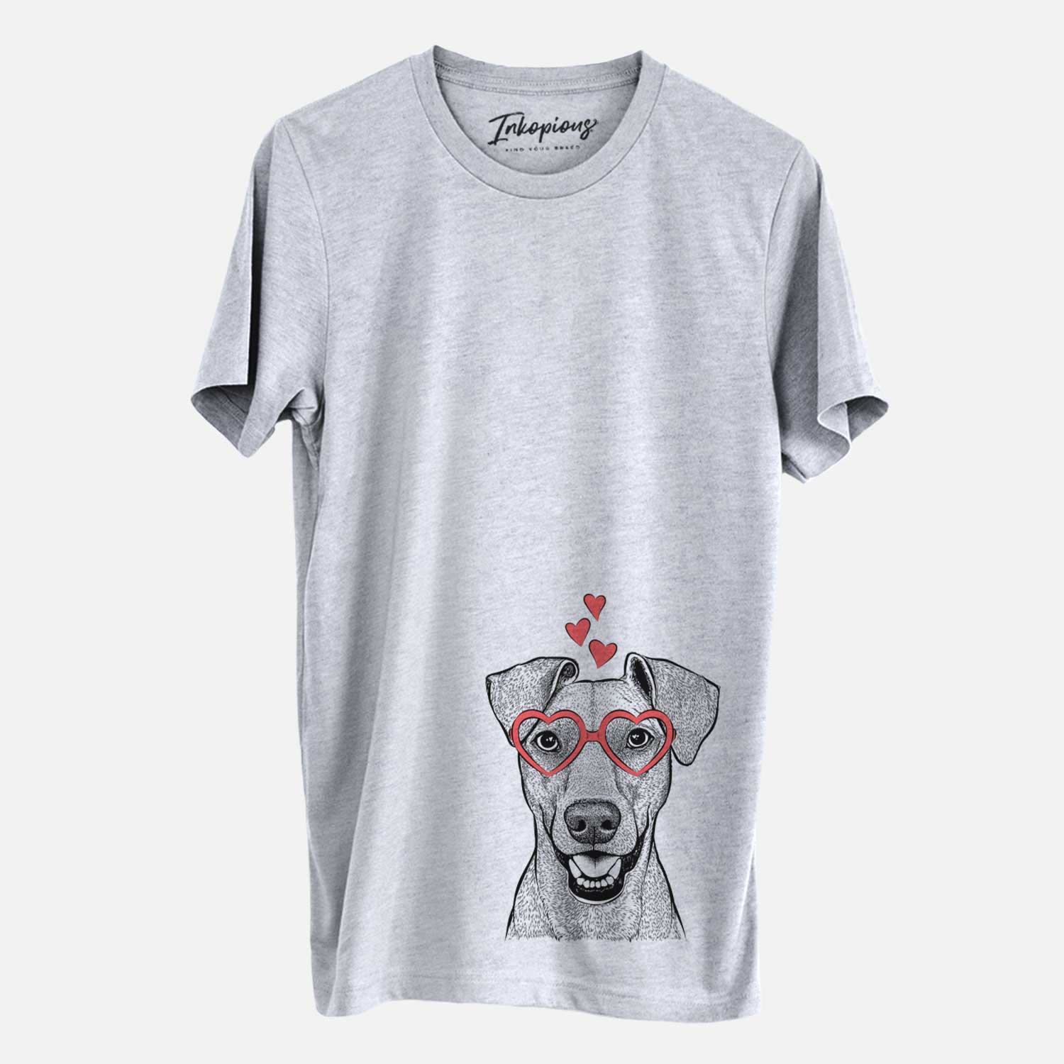 Hand-drawn sketch of Willow the German Pinscher wearing heart-shaped glasses on a Grey Unisex crewneck