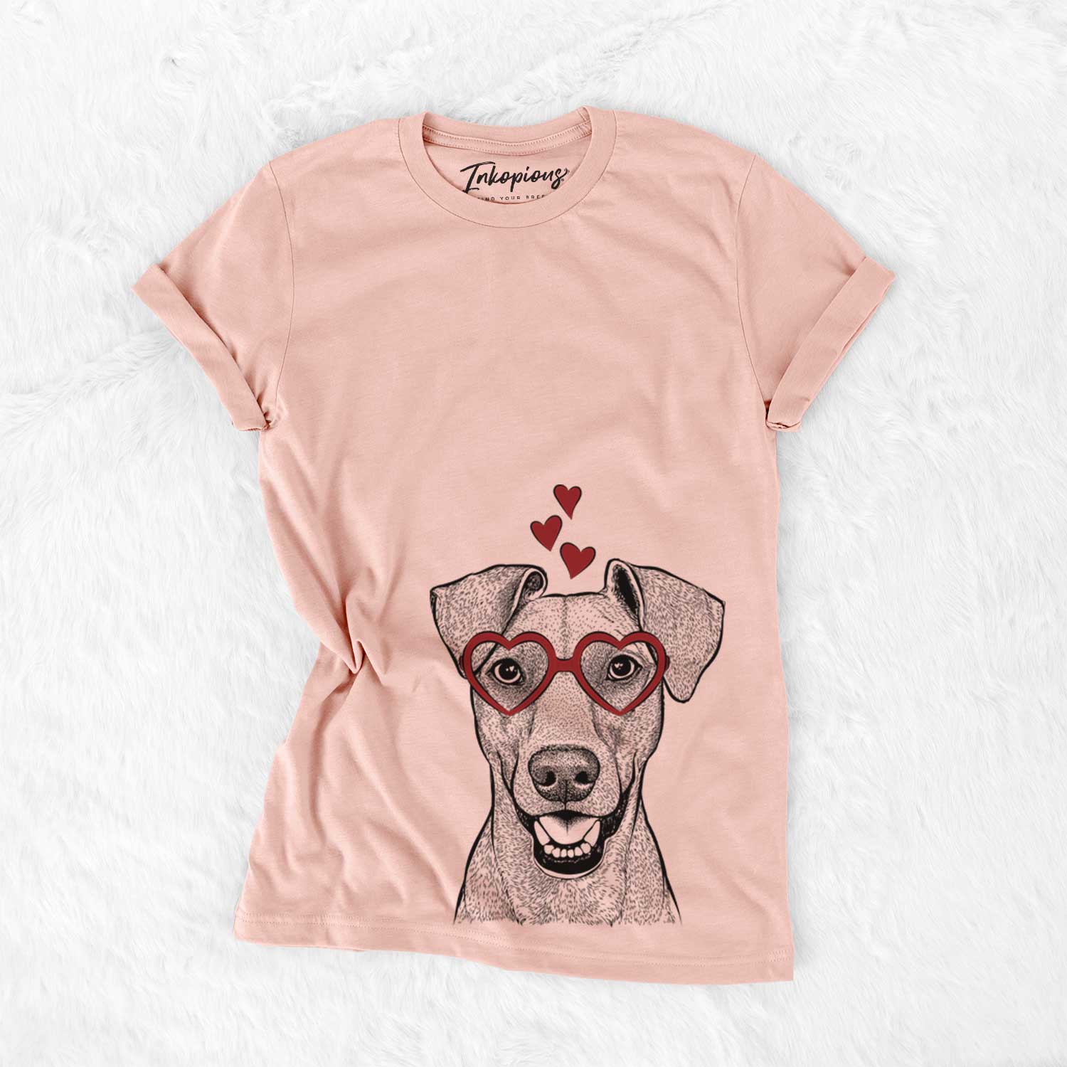 Hand-drawn sketch of Willow the German Pinscher wearing heart-shaped glasses on a Peach Bella Canvas Unisex Crewneck