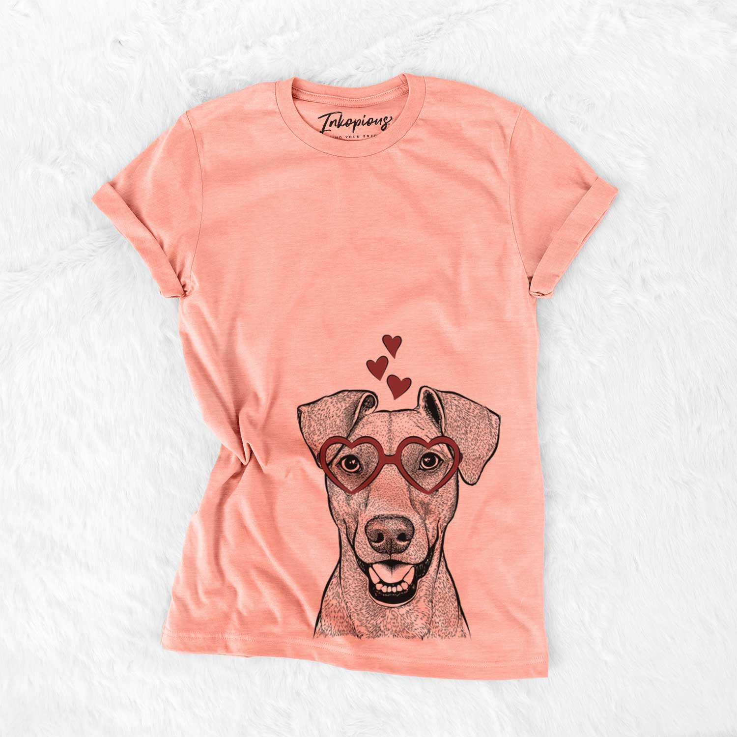 Hand-drawn sketch of Willow the German Pinscher wearing heart-shaped glasses on a Sunset Bella Canvas Unisex Crewneck