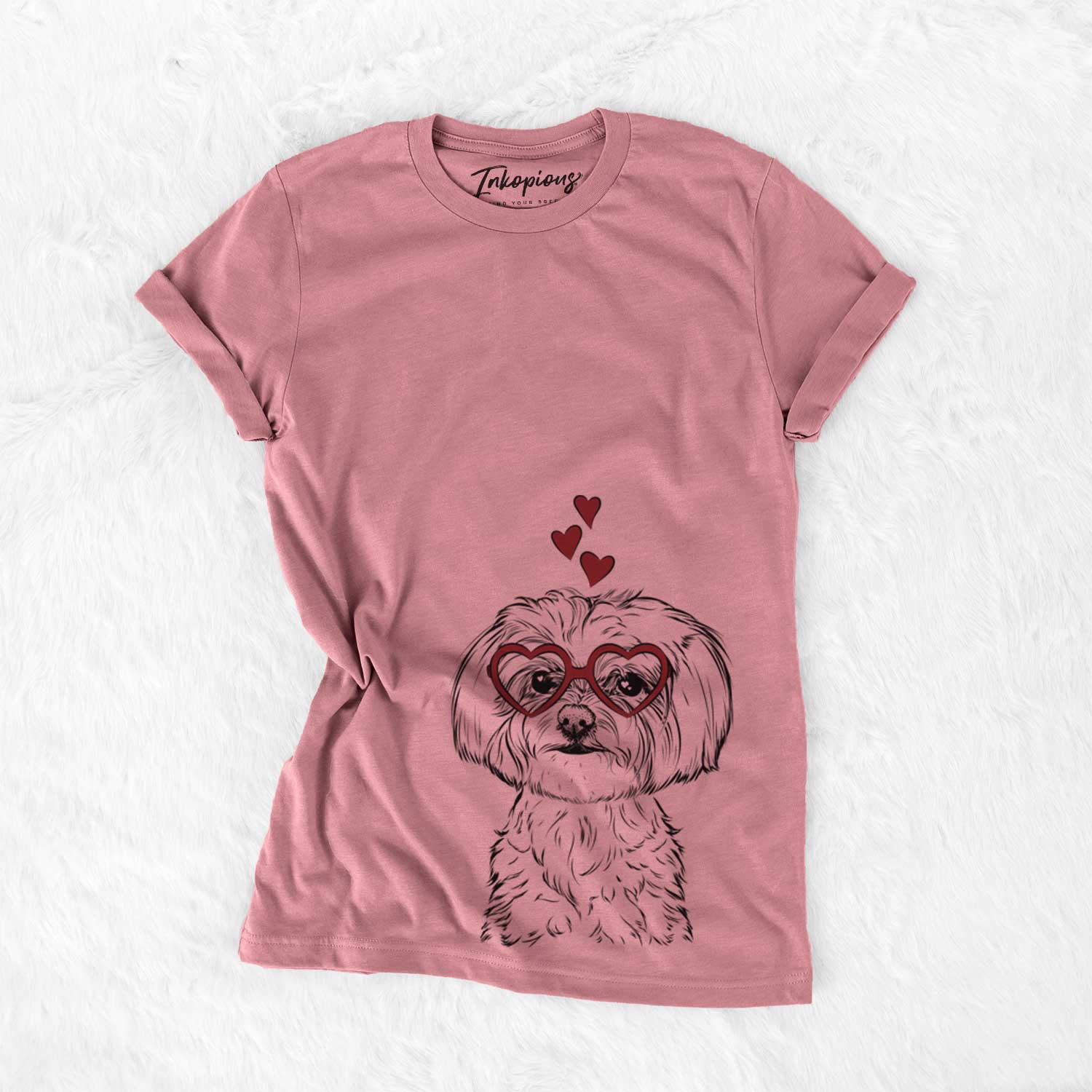 Hand-drawn sketch of Willow the Maltese wearing heart-shaped glasses on a Mauve Bella Canvas Unisex Crewneck