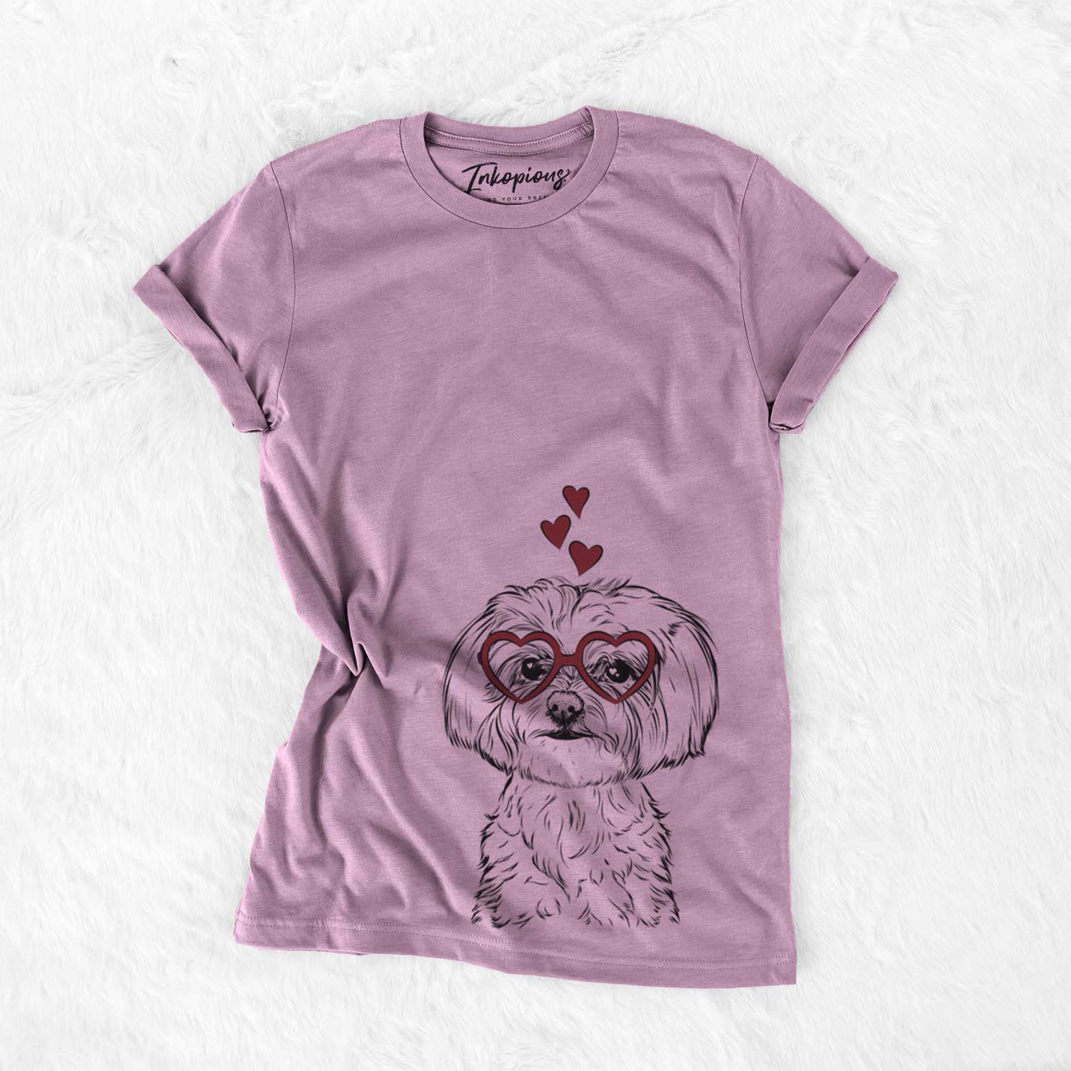 Hand-drawn sketch of Willow the Maltese wearing heart-shaped glasses on an Orchid Bella Canvas Unisex Crewneck